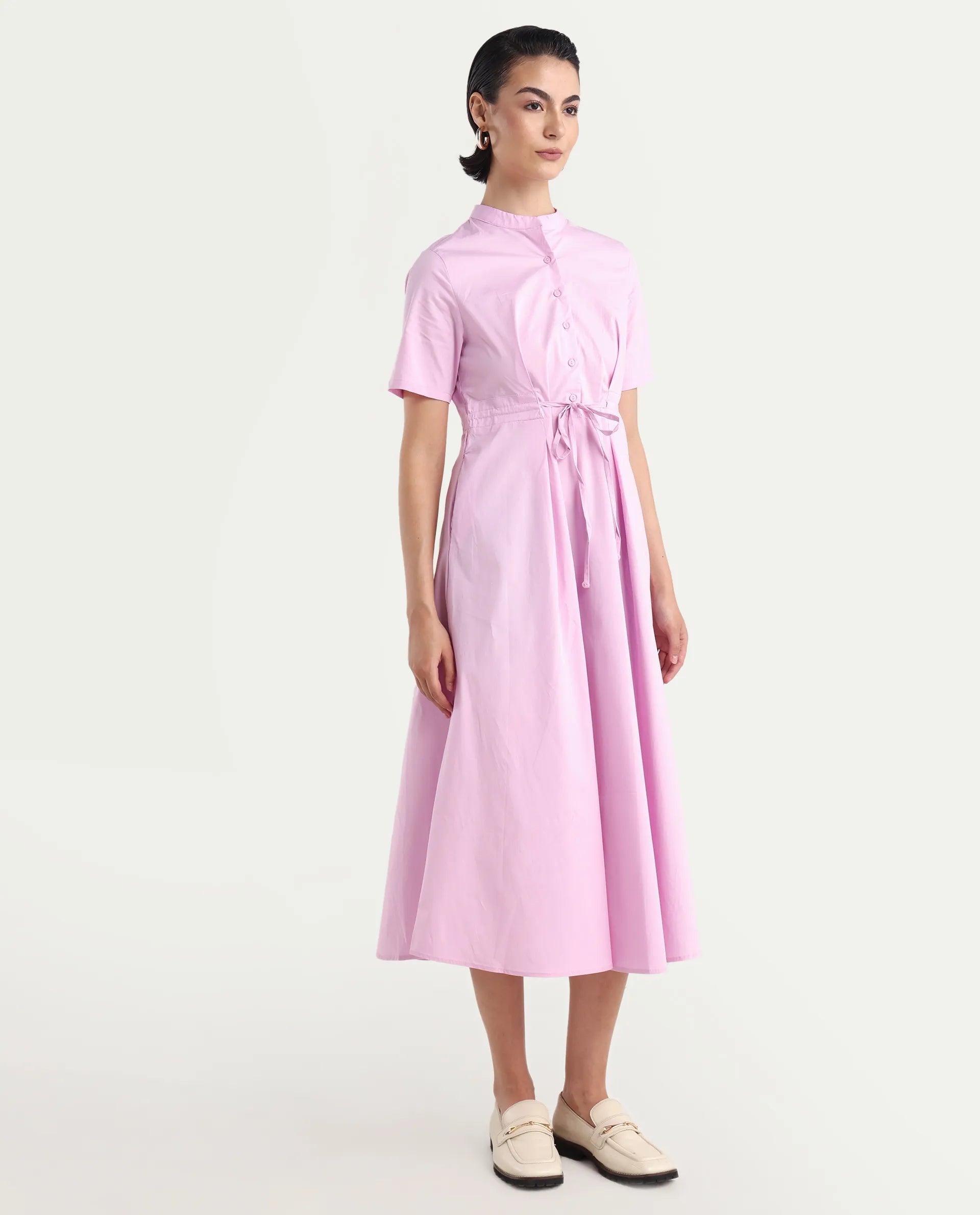 Rareism Women's Sede Pink Cotton Blend Mandarin Collar Plain Midi Flared Dress