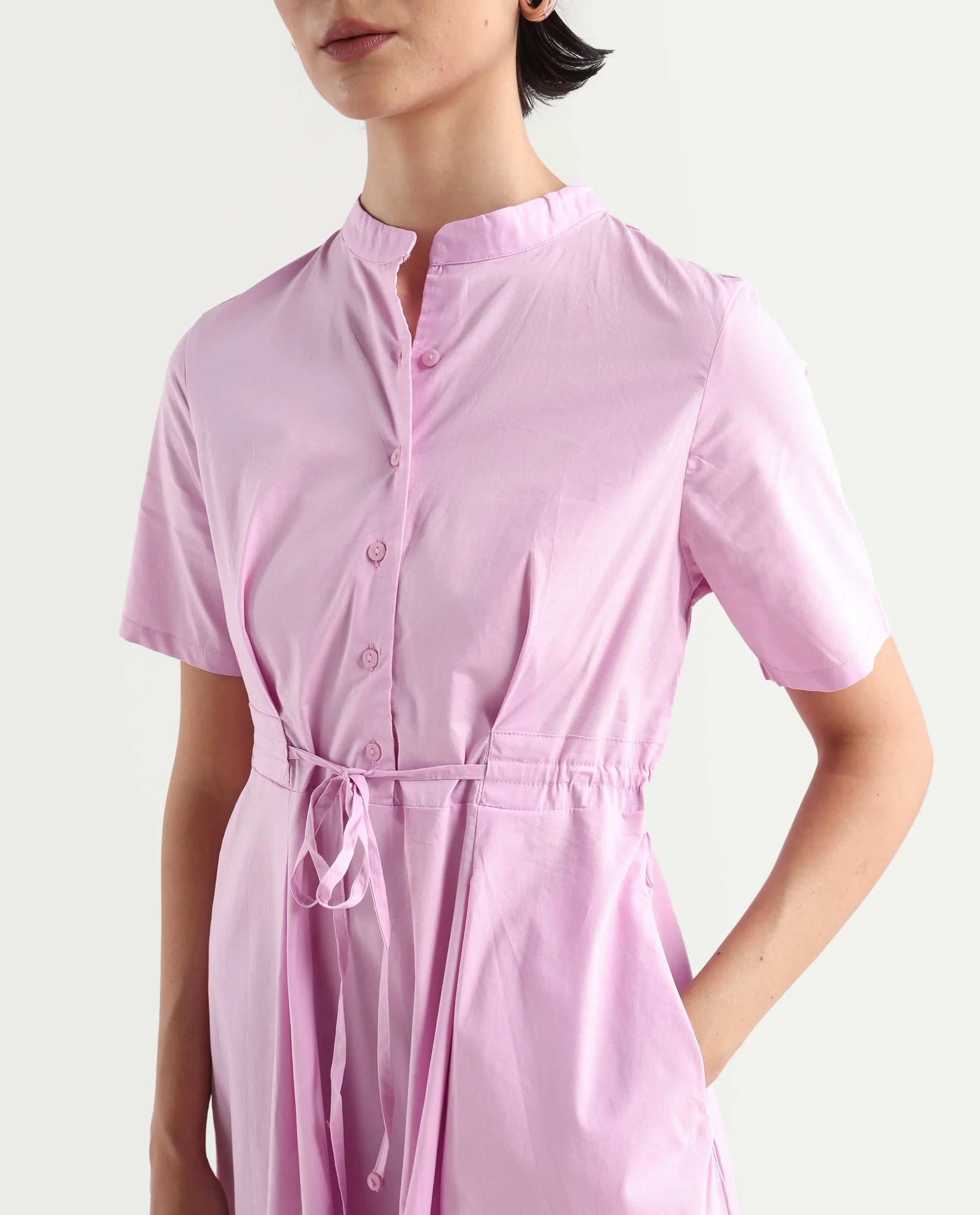 Rareism Women's Sede Pink Cotton Blend Mandarin Collar Plain Midi Flared Dress
