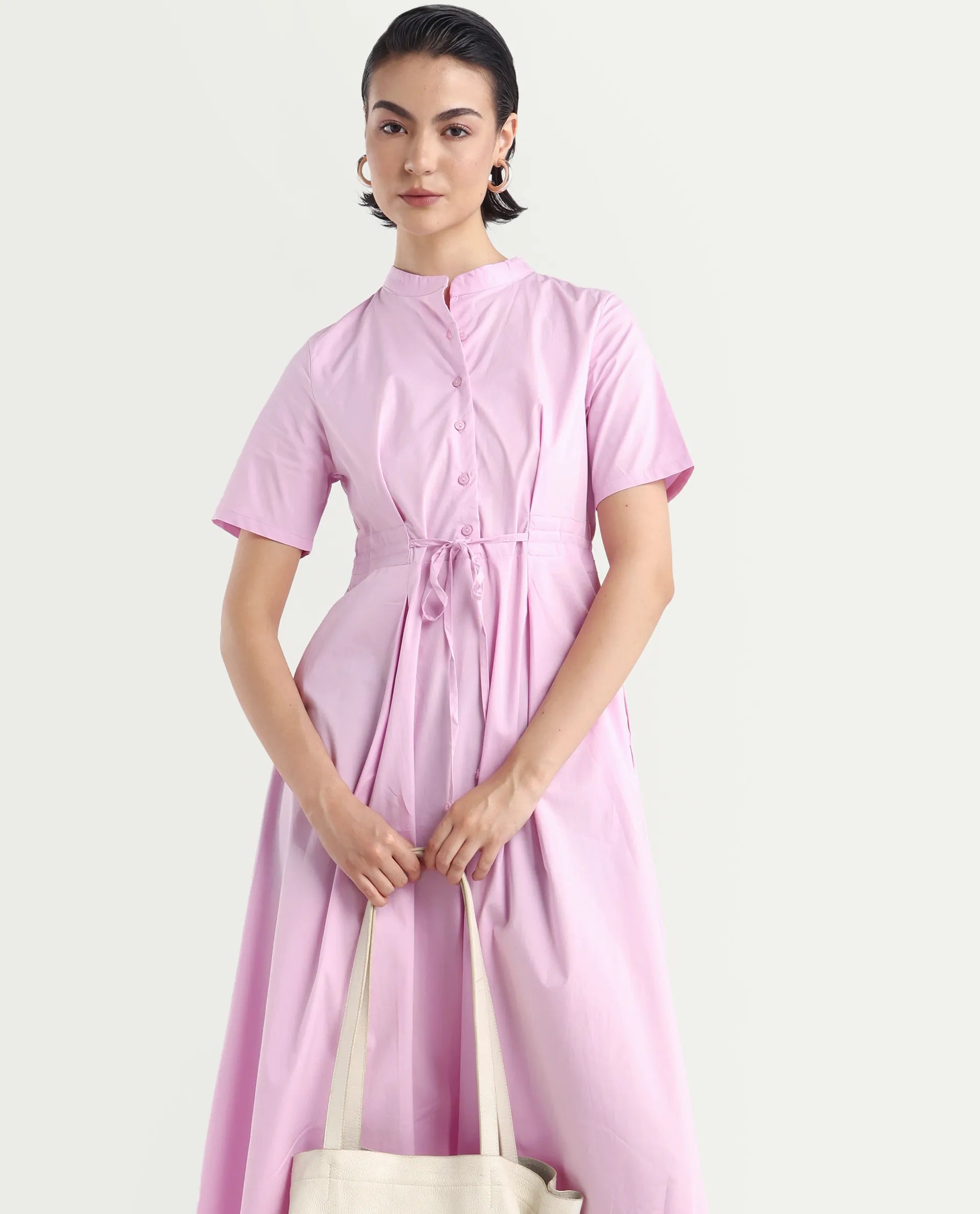 Rareism Women's Sede Pink Cotton Blend Mandarin Collar Plain Midi Flared Dress