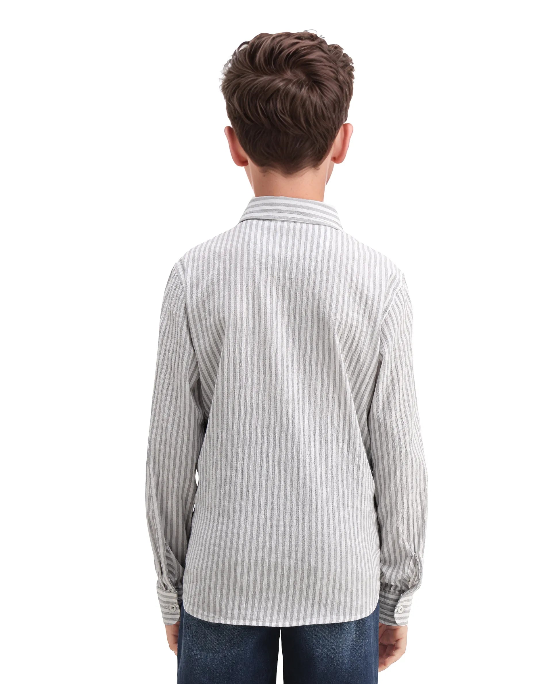 Rare Ones Kids Seer Light Grey Cotton Blend Striped Button Closure Regular Fit Shirt