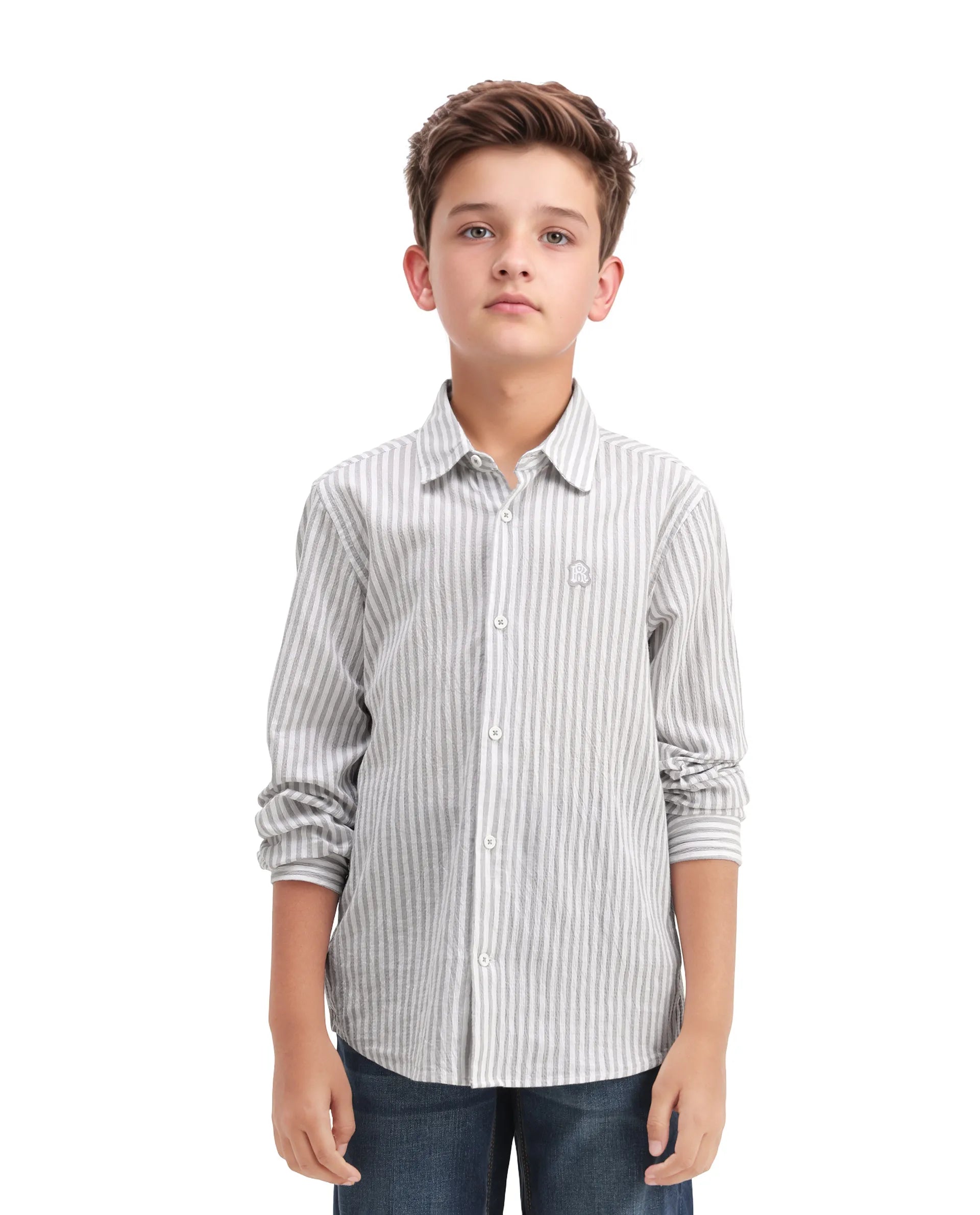 Rare Ones Kids Seer Light Grey Cotton Blend Striped Button Closure Regular Fit Shirt
