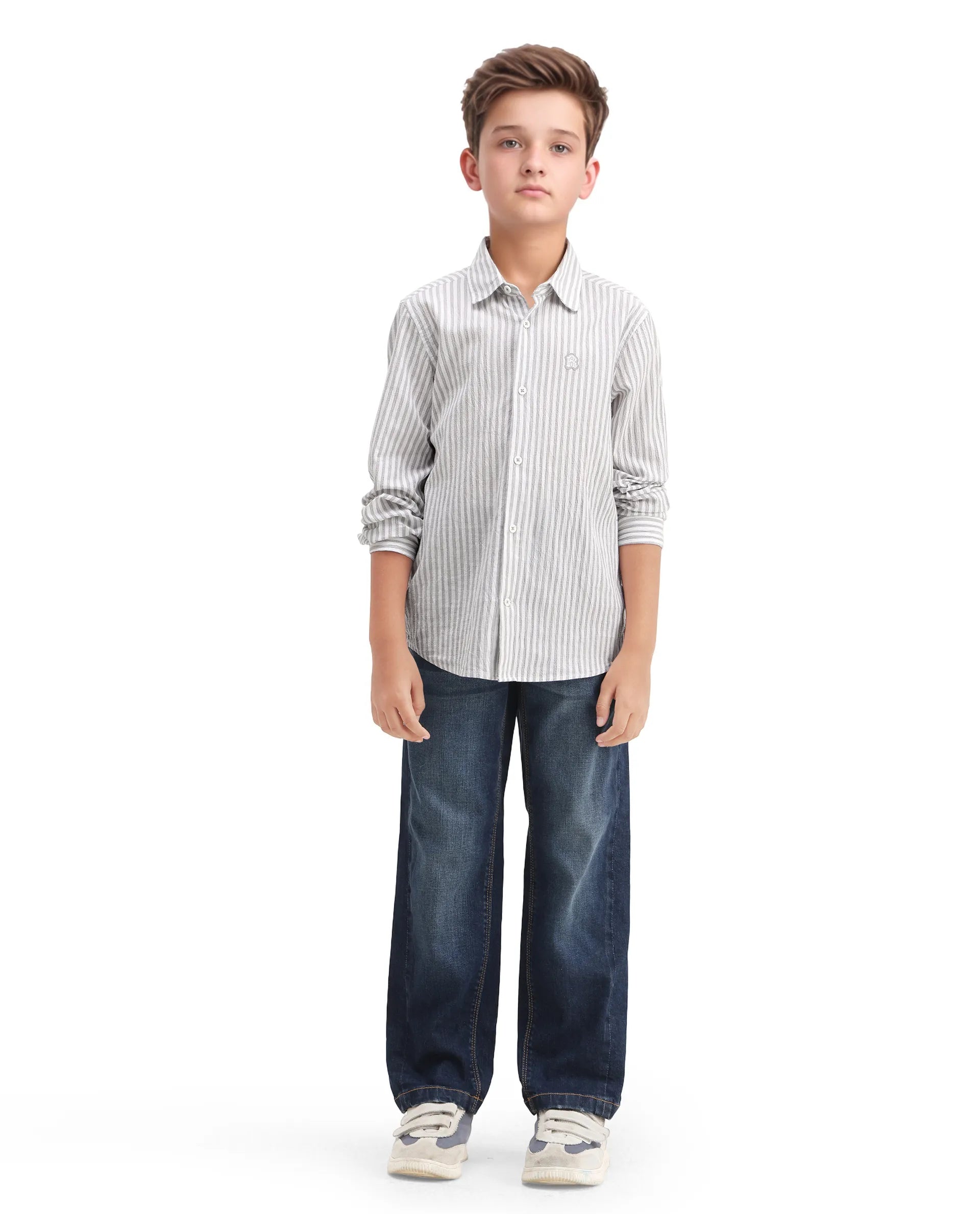 Rare Ones Kids Seer Light Grey Cotton Blend Striped Button Closure Regular Fit Shirt