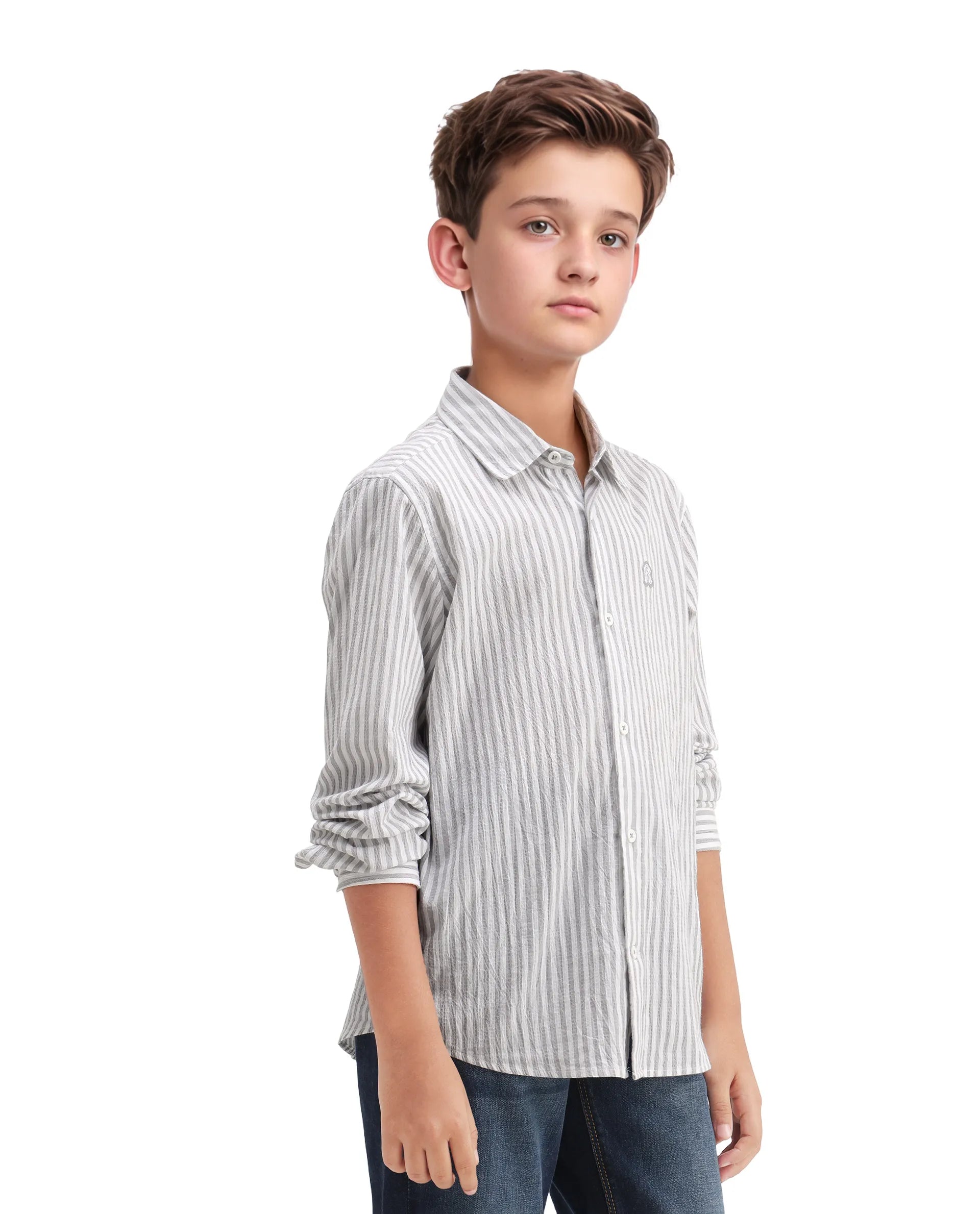 Rare Ones Kids Seer Light Grey Cotton Blend Striped Button Closure Regular Fit Shirt