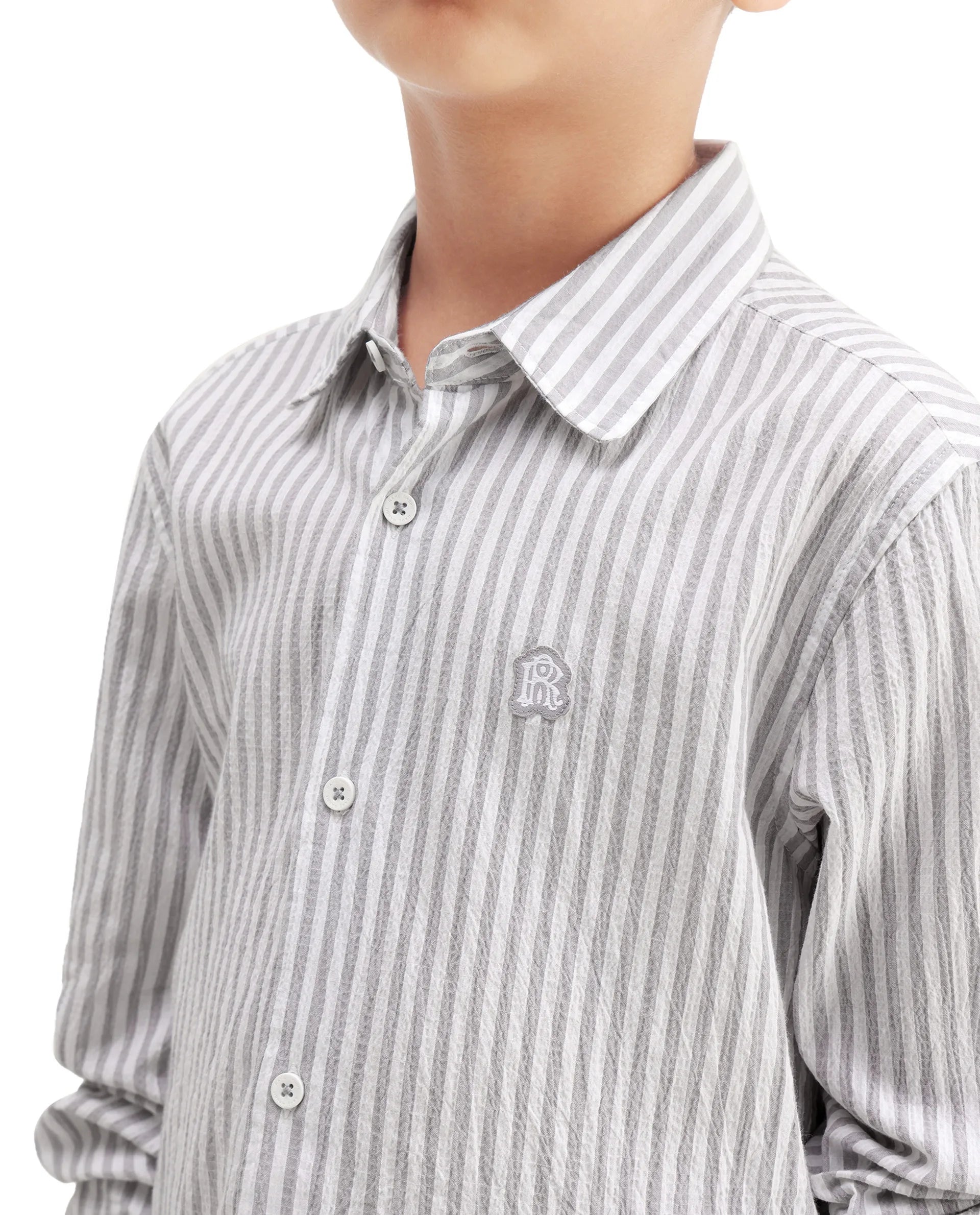 Rare Ones Kids Seer Light Grey Cotton Blend Striped Button Closure Regular Fit Shirt