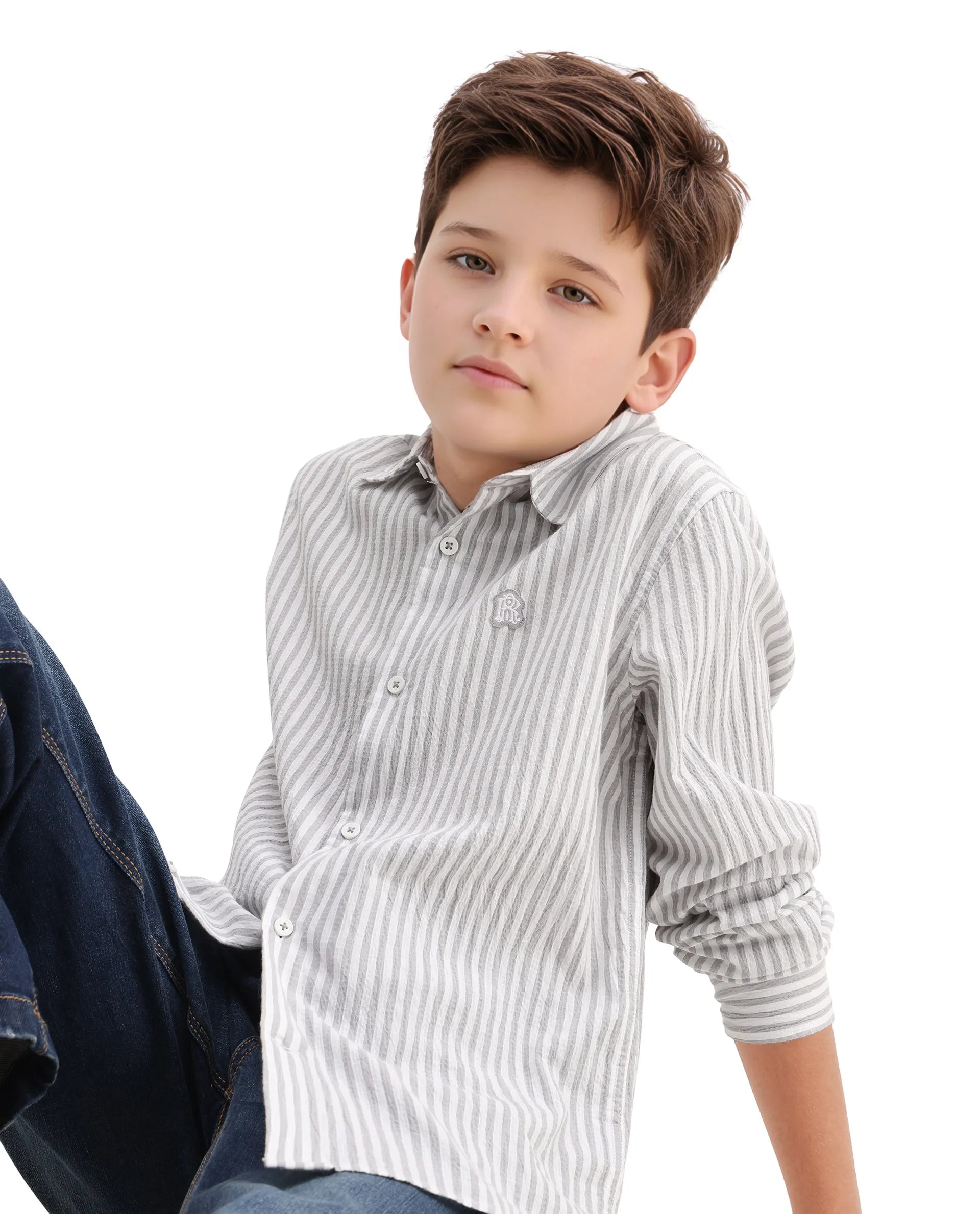 Rare Ones Kids Seer Light Grey Cotton Blend Striped Button Closure Regular Fit Shirt