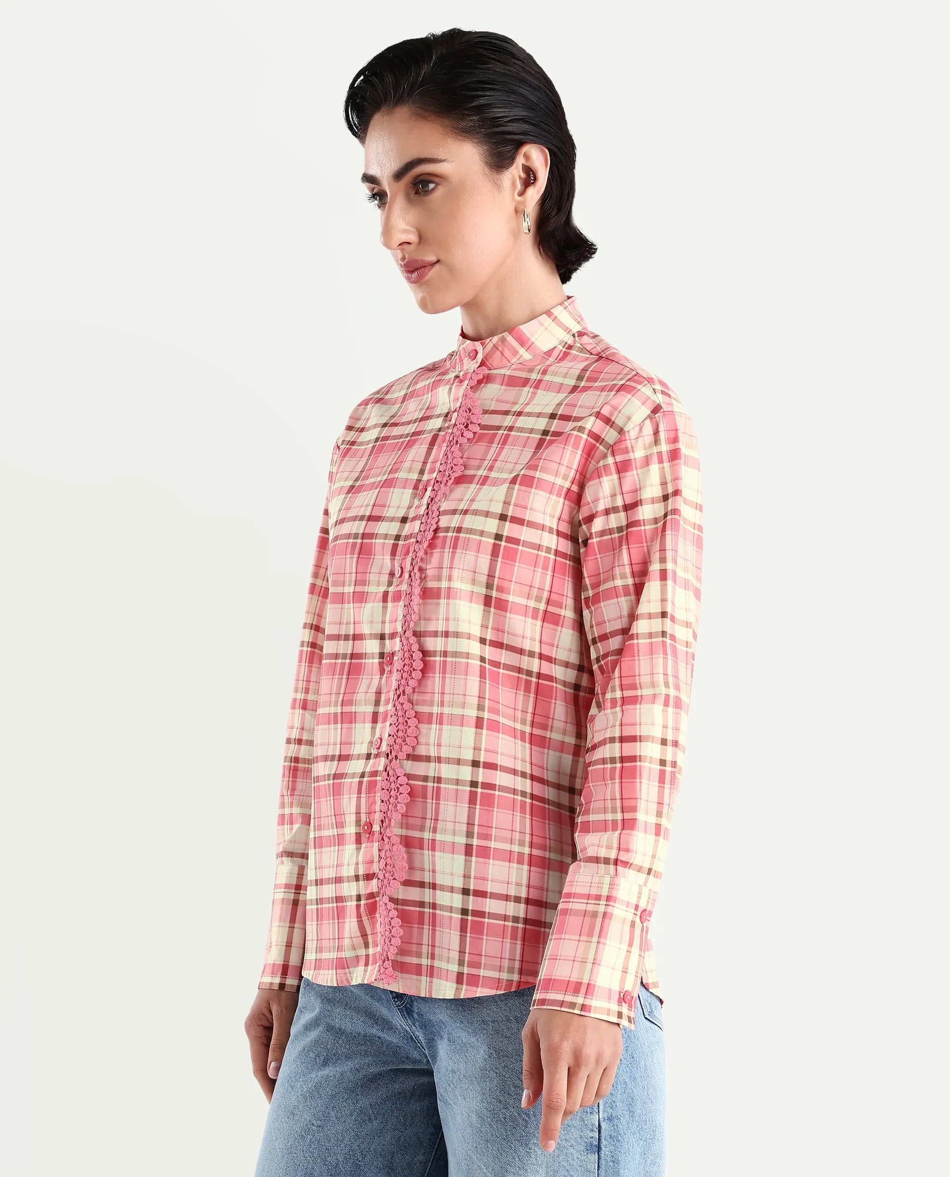 Rareism Women's Sekkum Light Pink Cotton Mandarin Collar Checked Cuffed Sleeve Regular Fit Shirt
