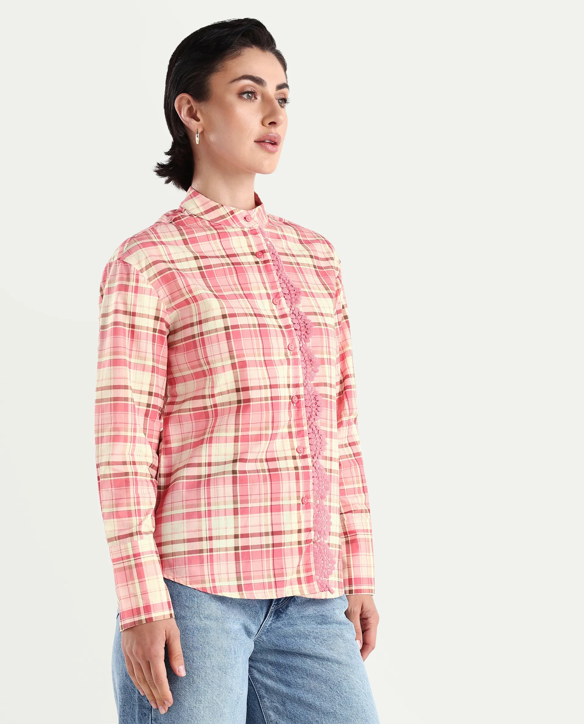 Rareism Women's Sekkum Light Pink Cotton Mandarin Collar Checked Cuffed Sleeve Regular Fit Shirt