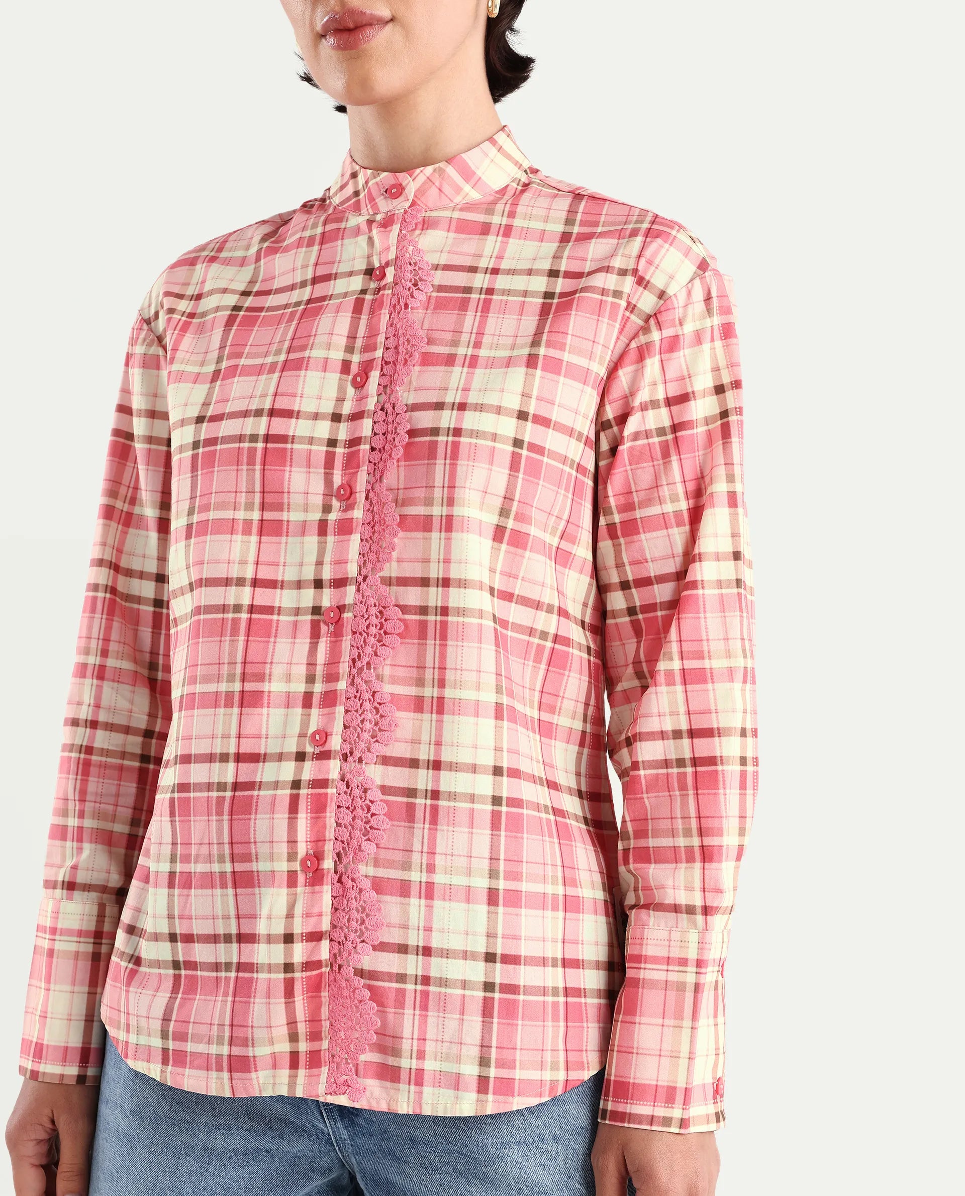 Rareism Women's Sekkum Light Pink Cotton Mandarin Collar Checked Cuffed Sleeve Regular Fit Shirt