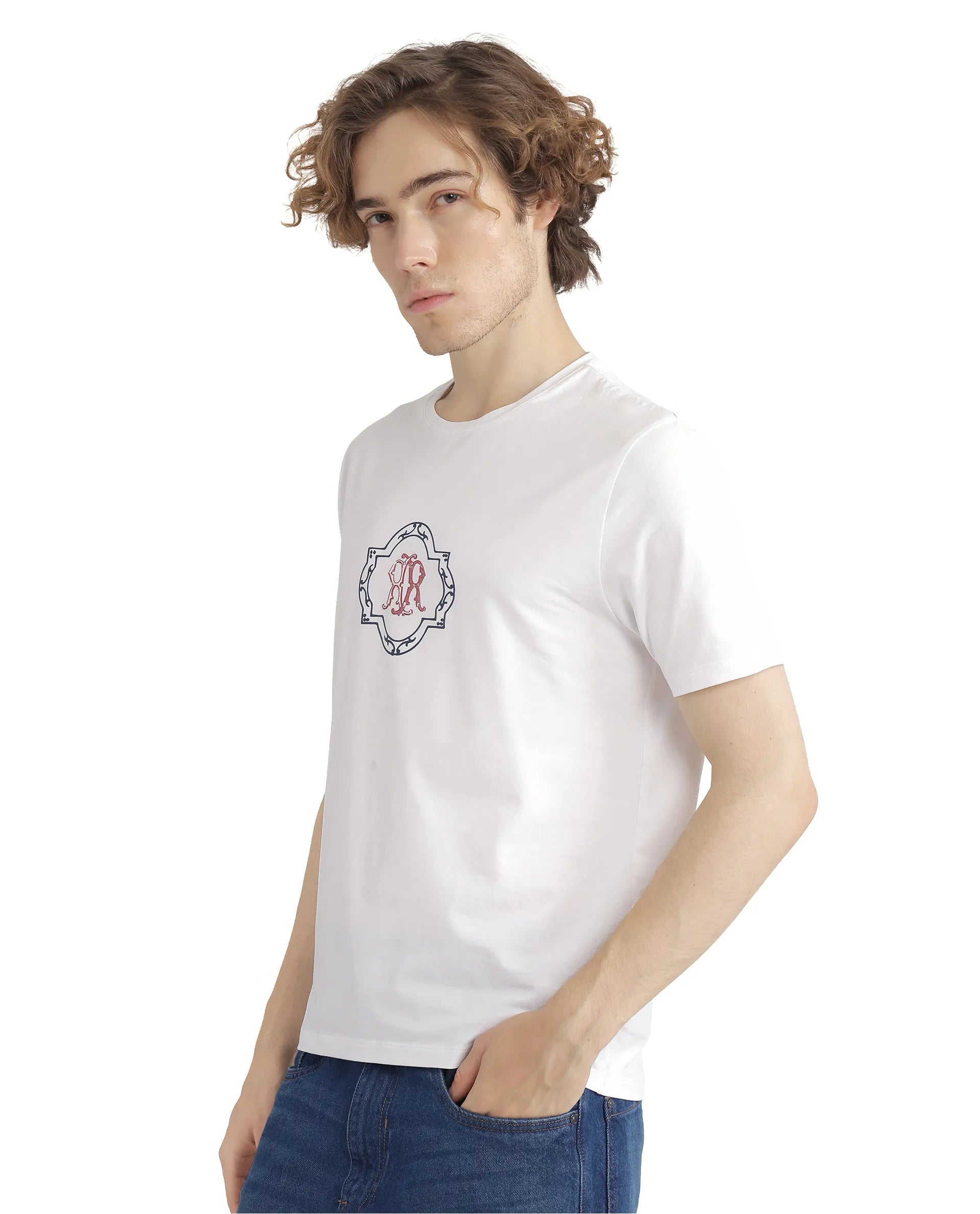 Rare Rabbit Men's Seko White Cotton Fabric Half Sleeve Crew Neck Regular Fit Graphic Print T-Shirt