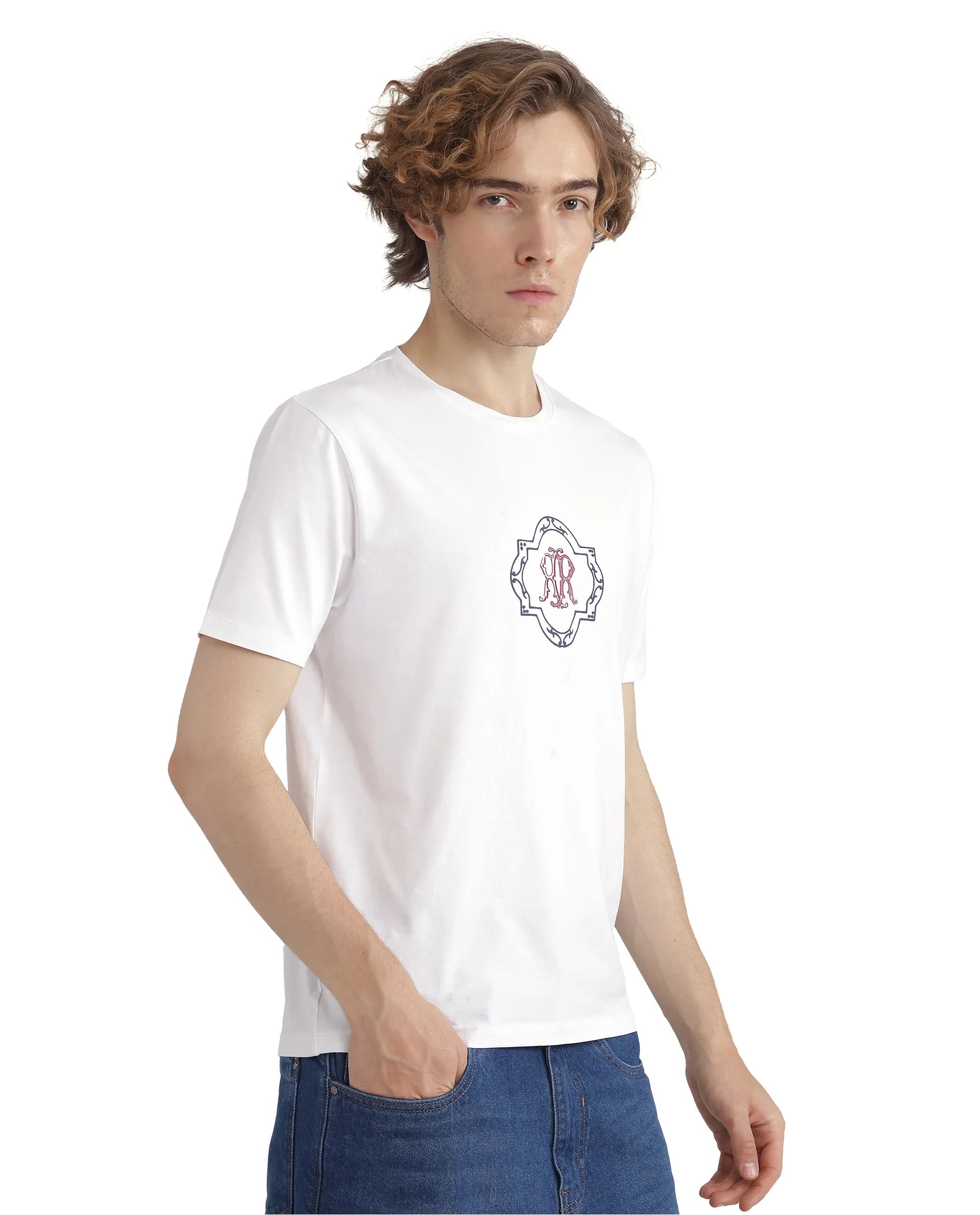 Rare Rabbit Men's Seko White Cotton Fabric Half Sleeve Crew Neck Regular Fit Graphic Print T-Shirt