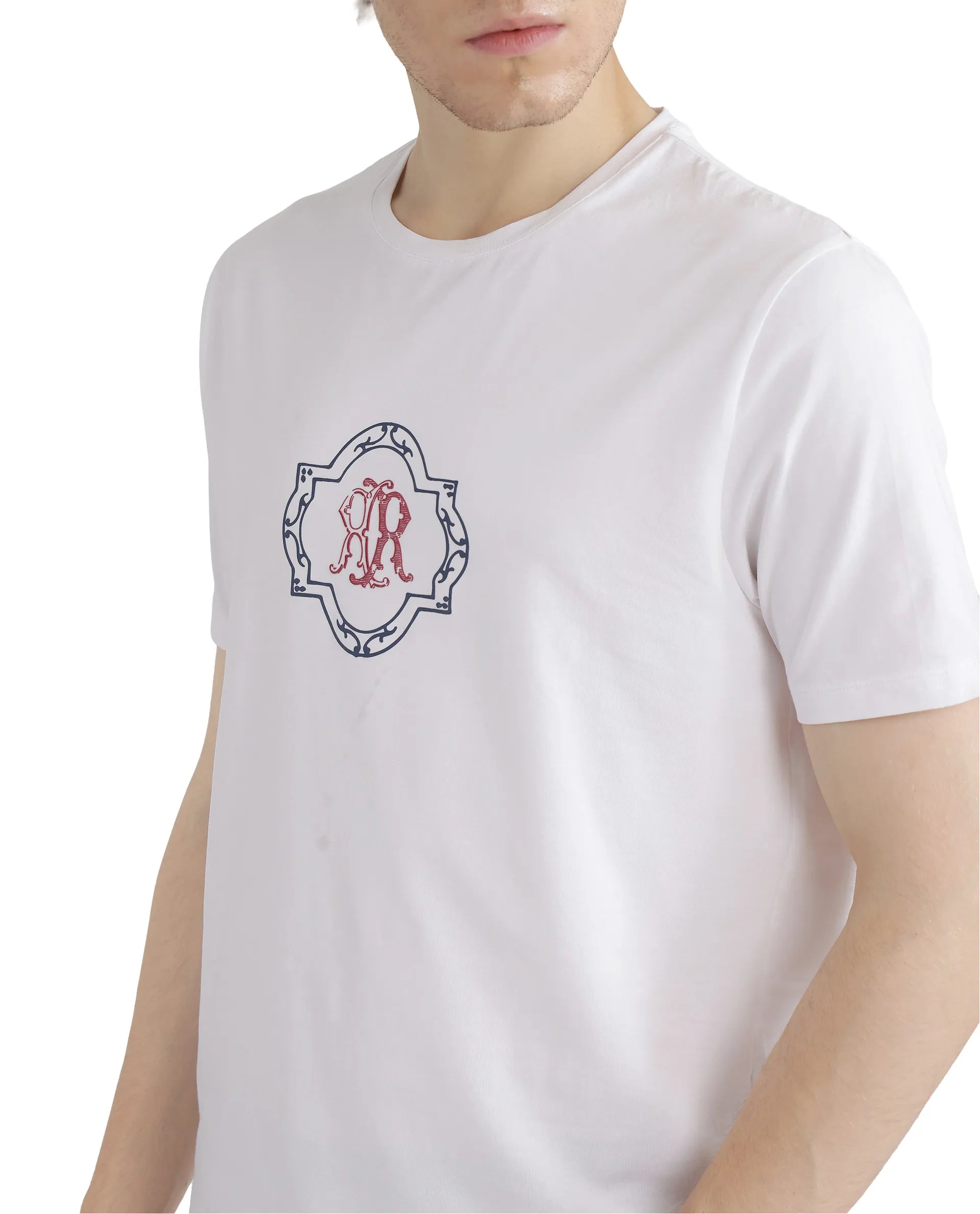 Rare Rabbit Men's Seko White Cotton Fabric Half Sleeve Crew Neck Regular Fit Graphic Print T-Shirt