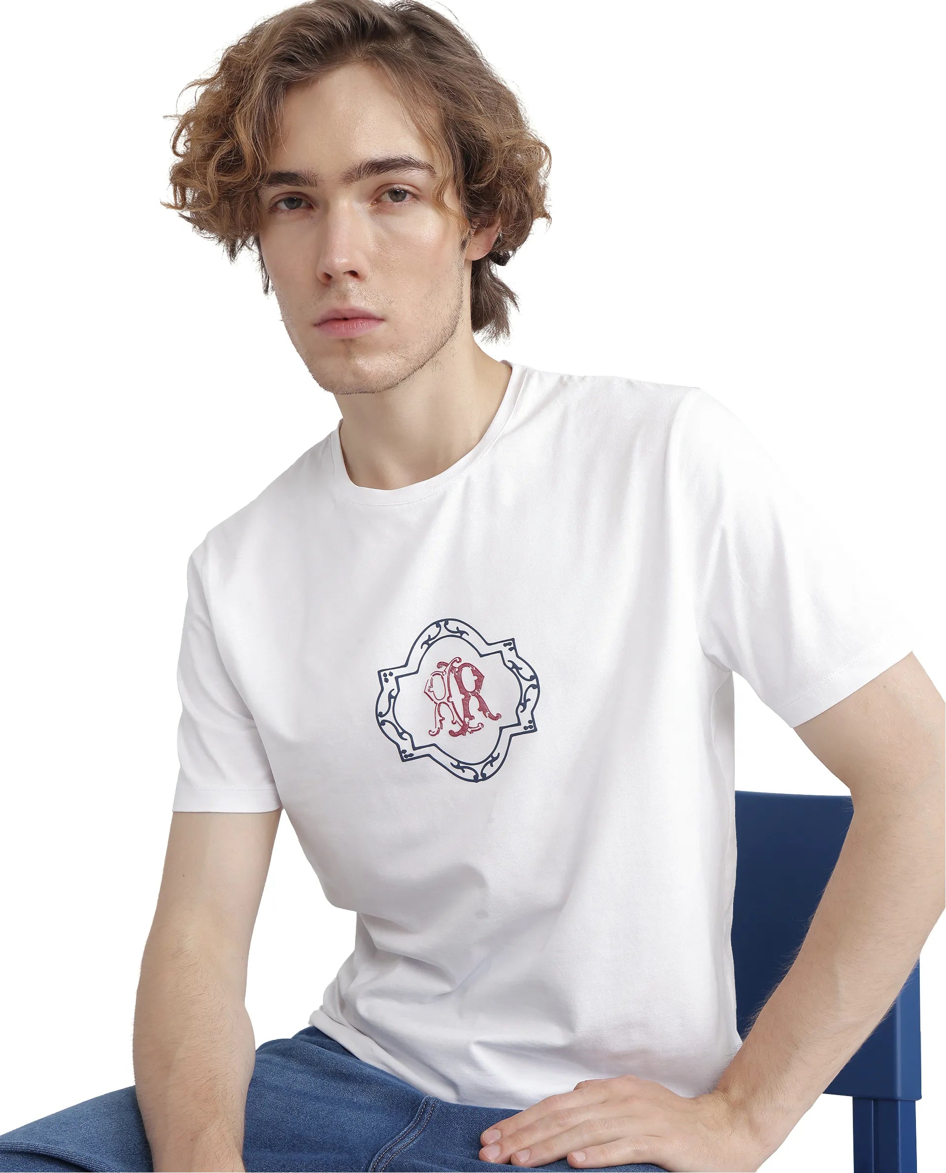 Rare Rabbit Men's Seko White Cotton Fabric Half Sleeve Crew Neck Regular Fit Graphic Print T-Shirt