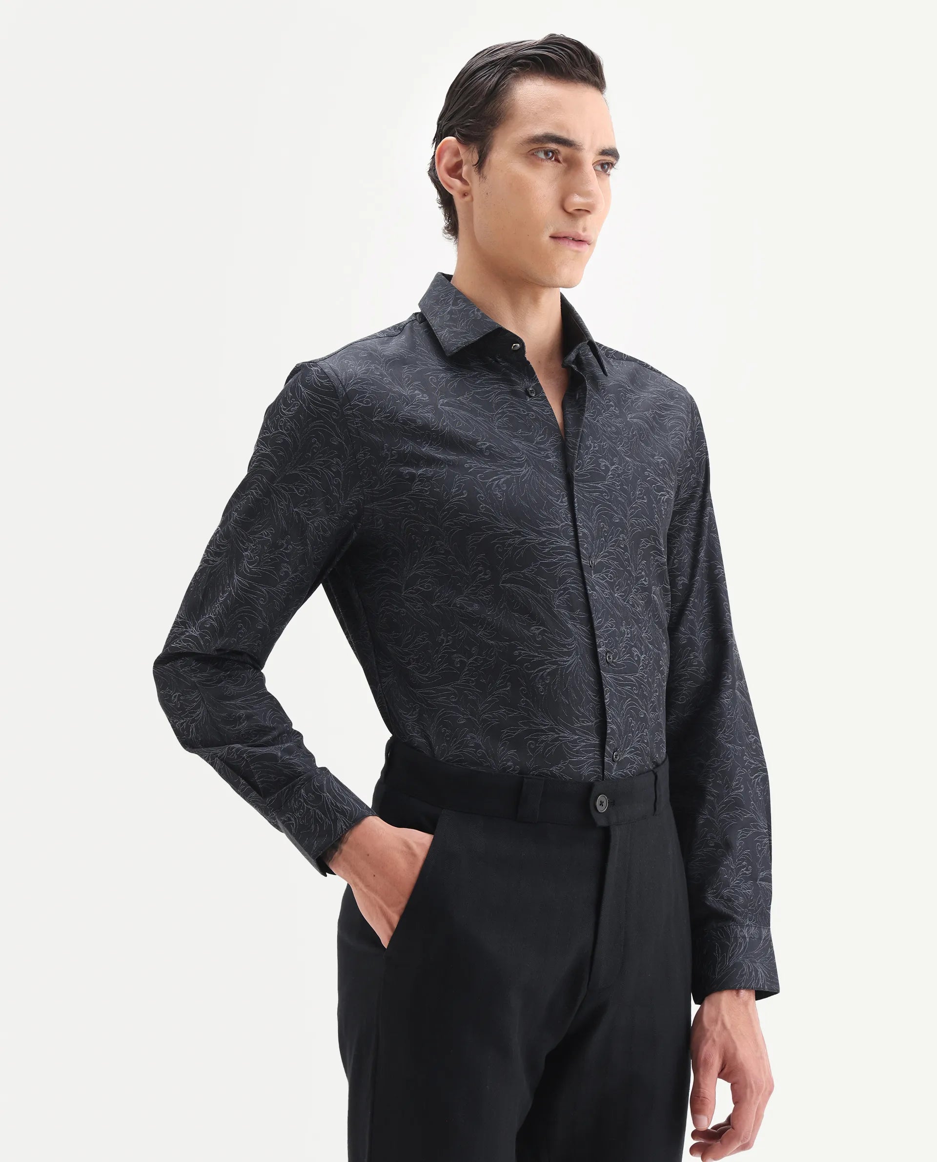 Rare Rabbit Men's Seld Dusky Purple Cotton Blend Spread Collar Regular Fit Jacquard Shirt