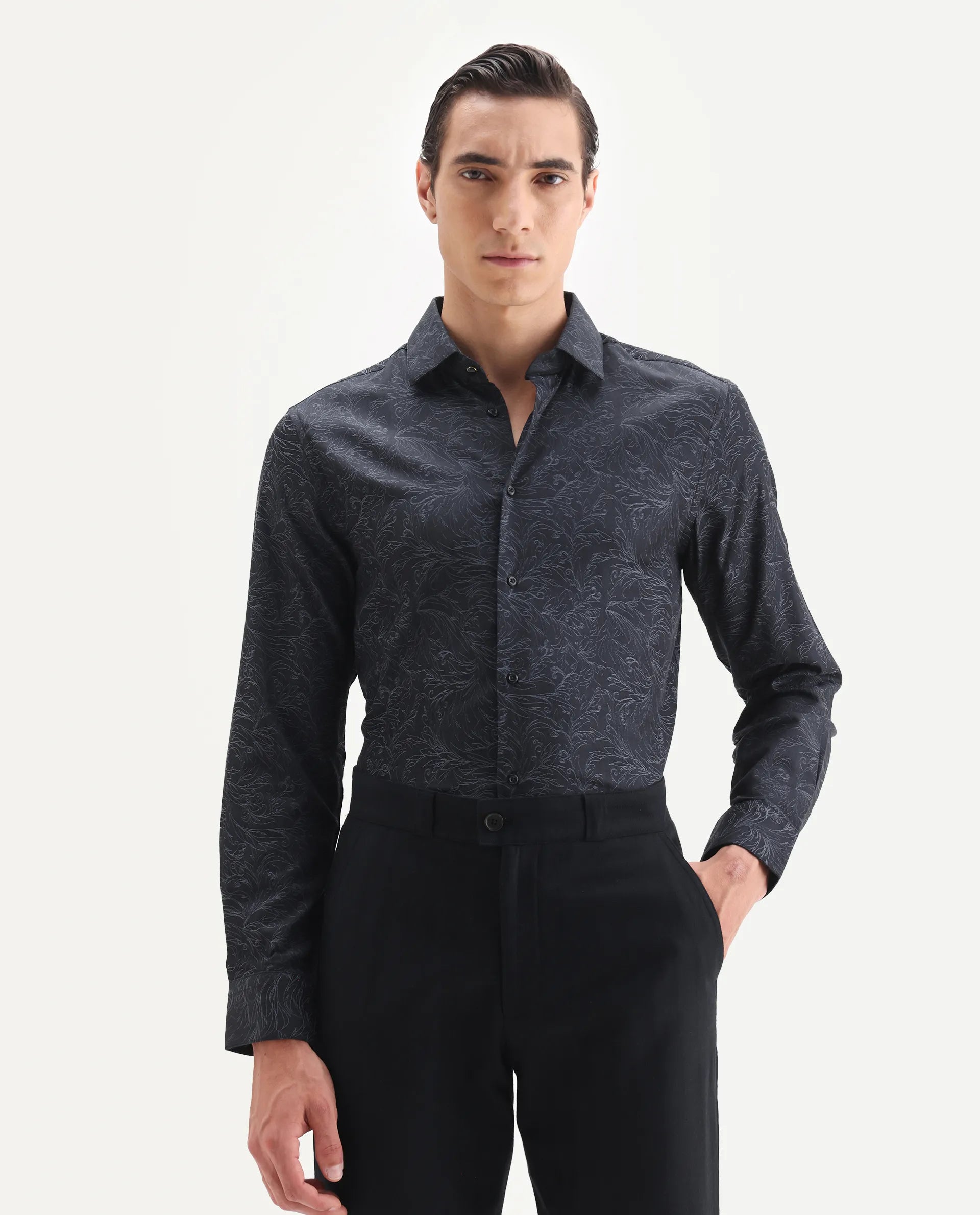 Rare Rabbit Men's Seld Dusky Purple Cotton Blend Spread Collar Regular Fit Jacquard Shirt
