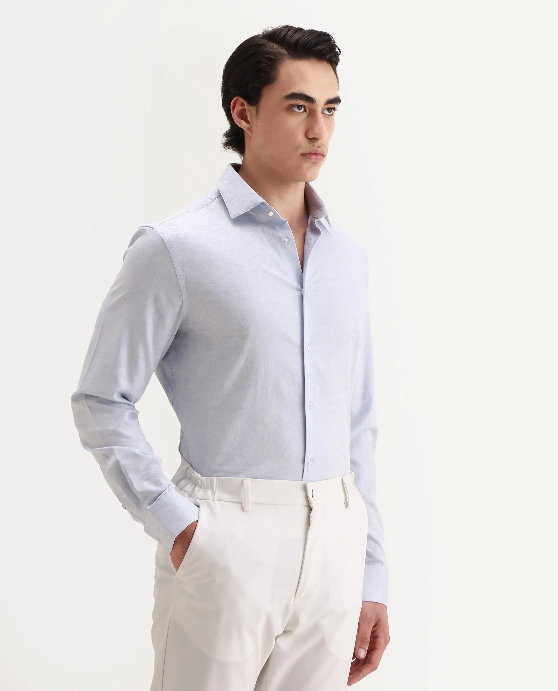 Rare Rabbit Men's Seld Pastel Blue Cotton Blend Spread Collar Regular Fit Jacquard Shirt