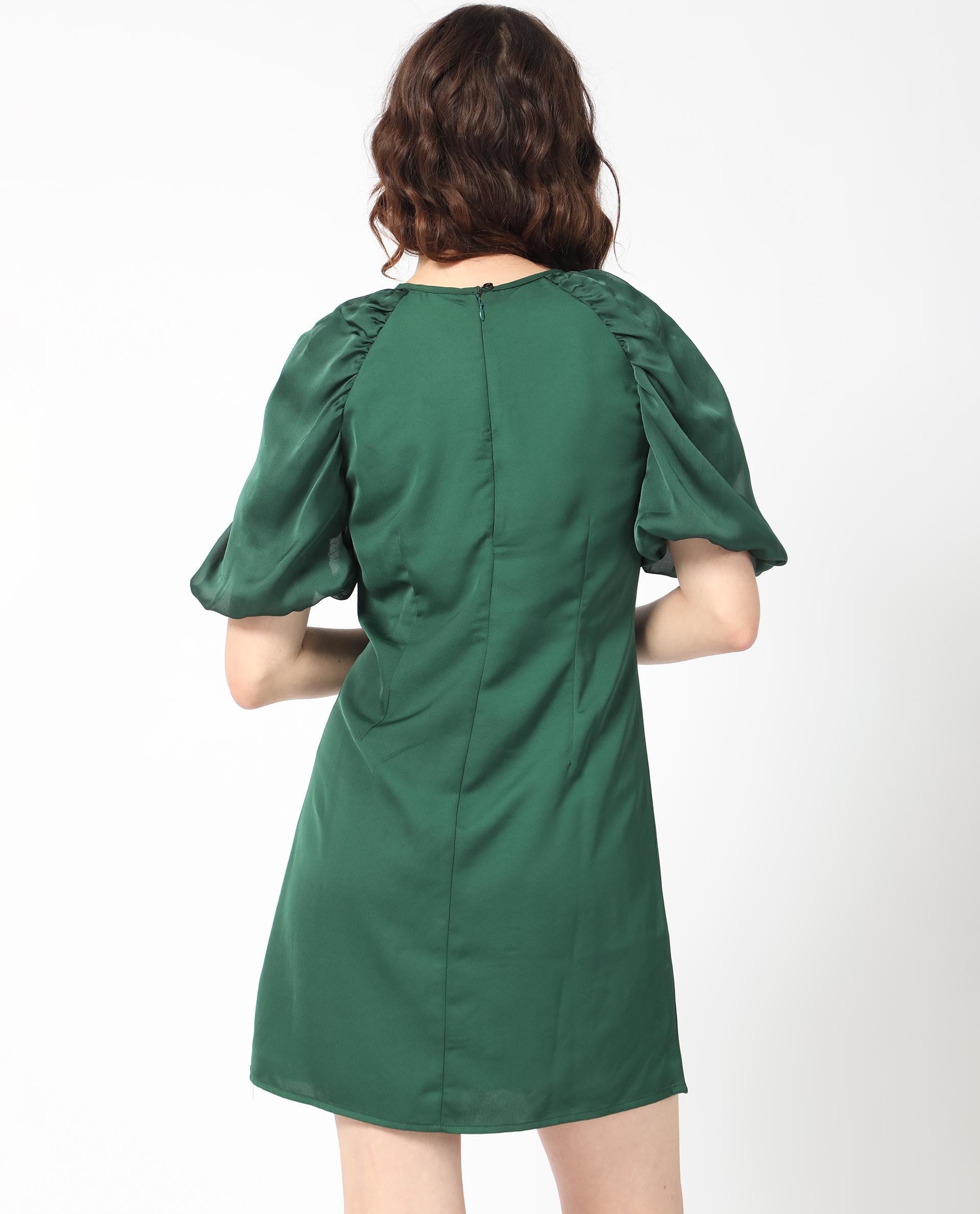 Rareism Women Seldro Green Polyester Fabric Short Sleeves Button Closure Round Neck Puff Sleeve Regular Fit Plain Short Boxy Dress