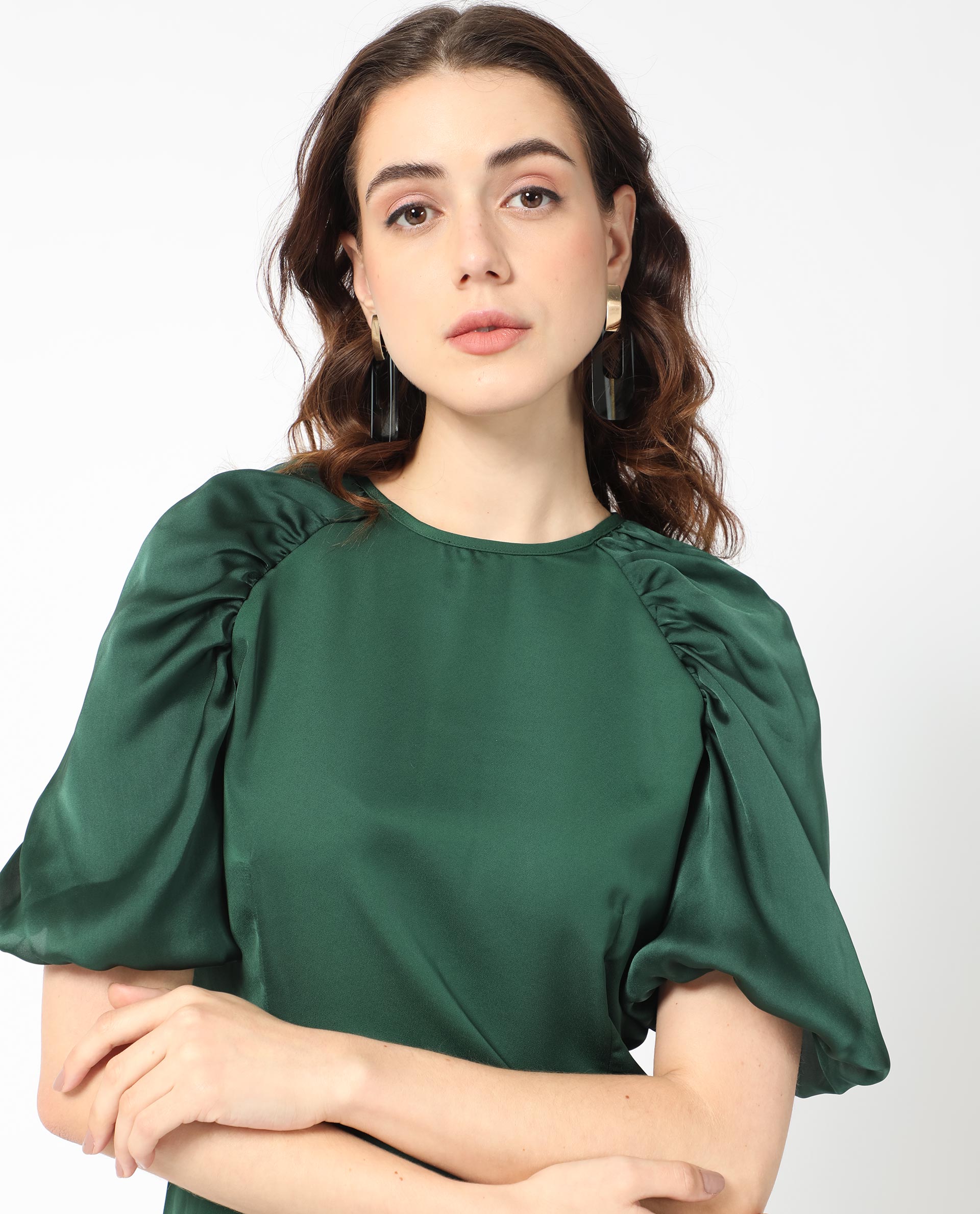 Rareism Women Seldro Green Polyester Fabric Short Sleeves Button Closure Round Neck Puff Sleeve Regular Fit Plain Short Boxy Dress