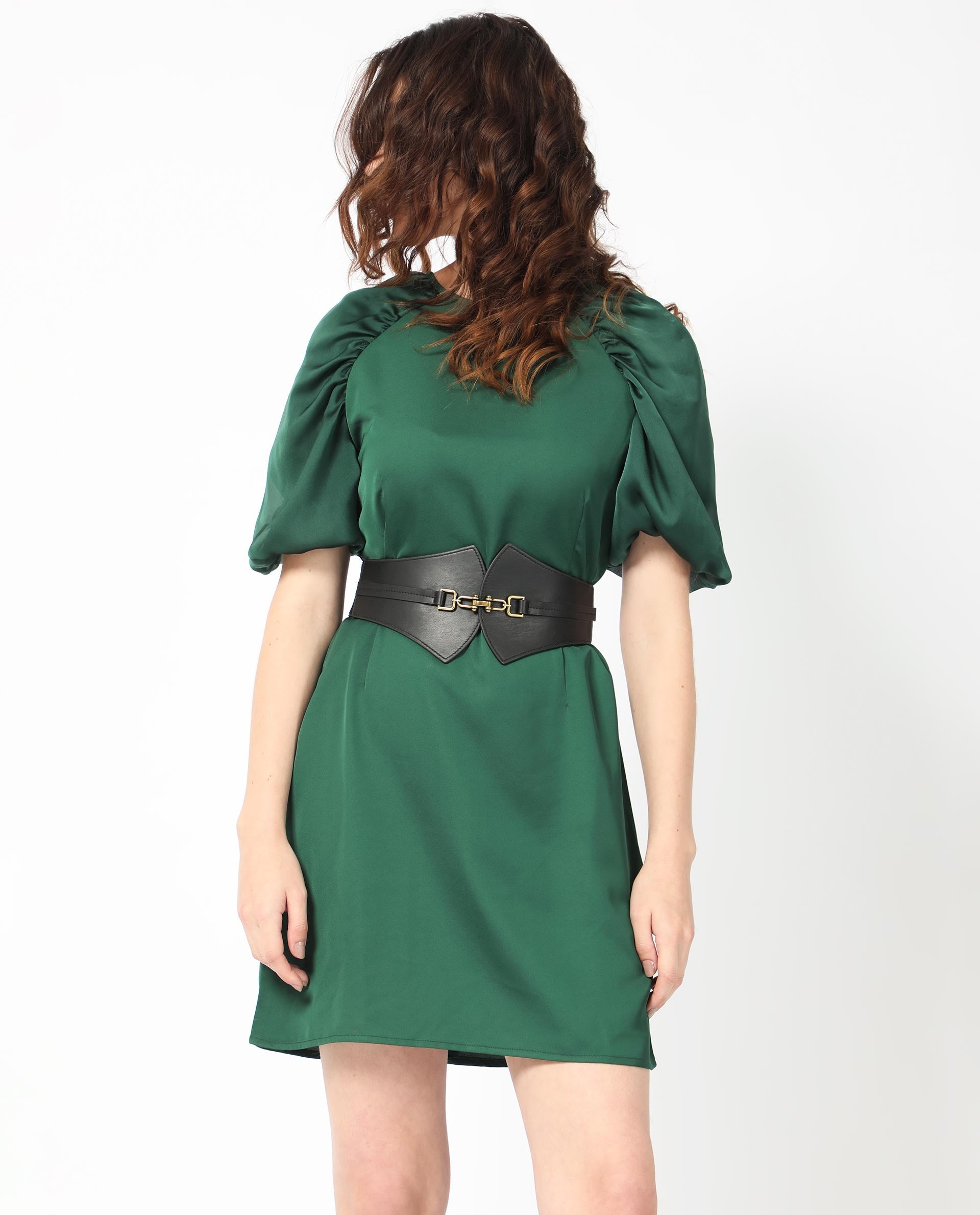 Rareism Women Seldro Green Polyester Fabric Short Sleeves Button Closure Round Neck Puff Sleeve Regular Fit Plain Short Boxy Dress