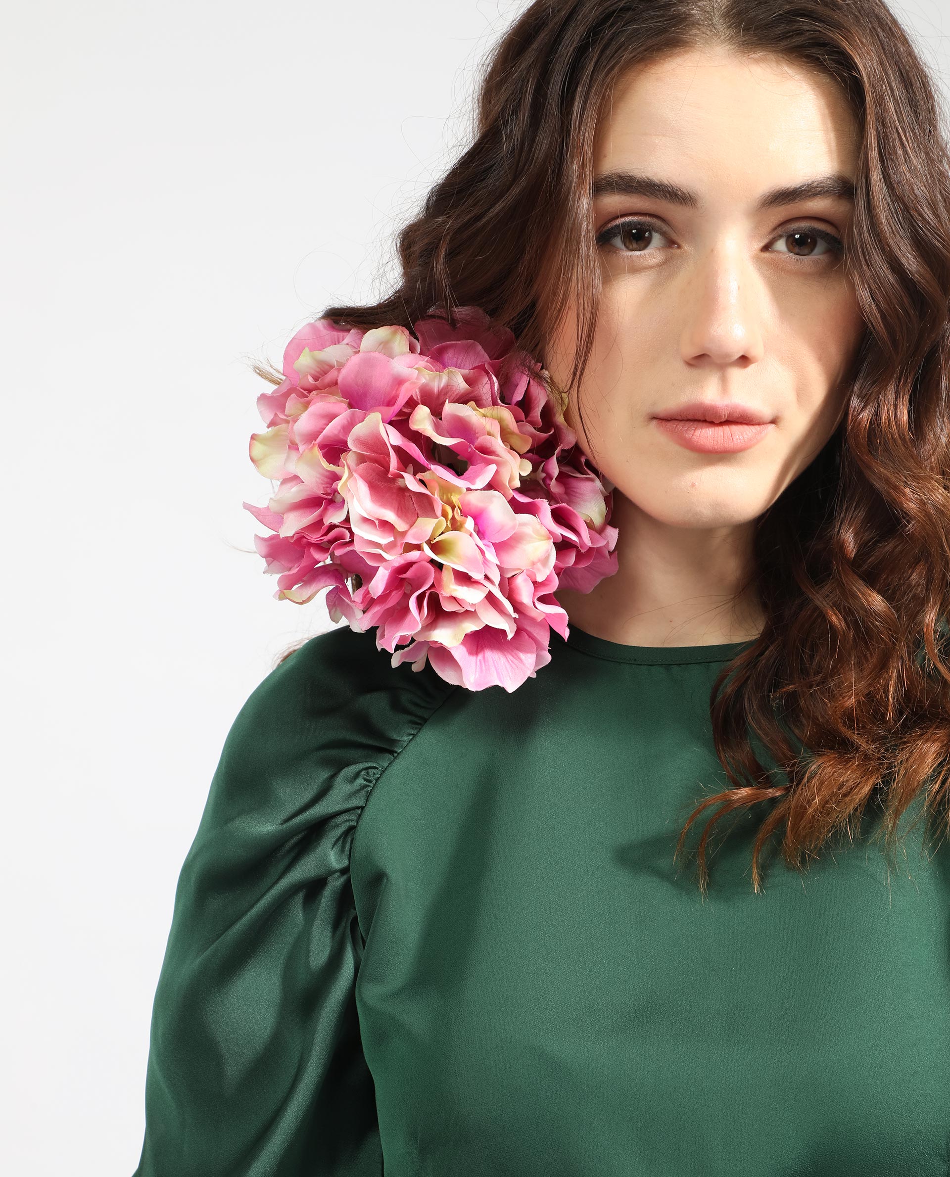 Rareism Women Seldro Green Polyester Fabric Short Sleeves Button Closure Round Neck Puff Sleeve Regular Fit Plain Short Boxy Dress