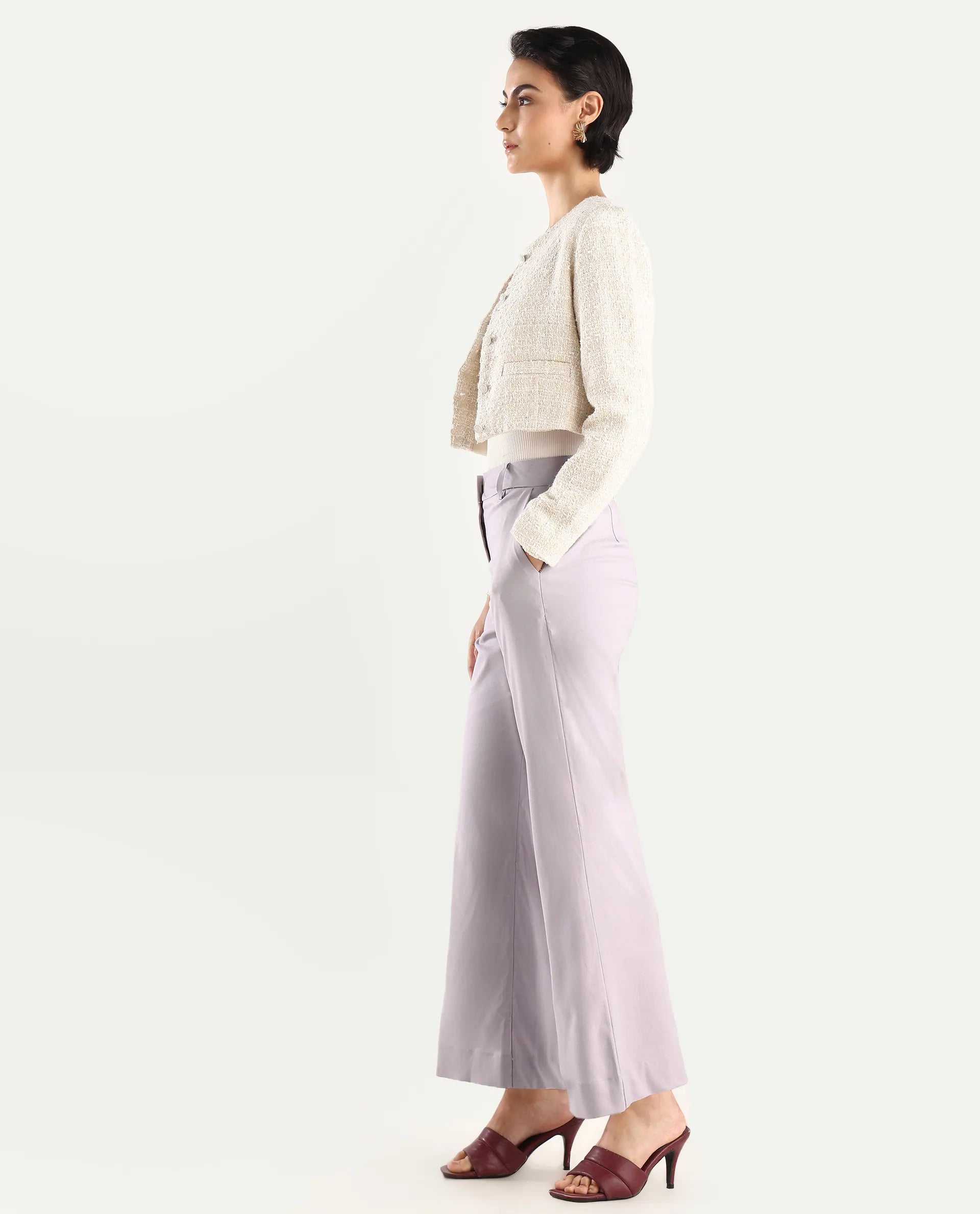 Rareism Women's Selene Purple Cotton Plain Ankle Length Straight Fit Trouser