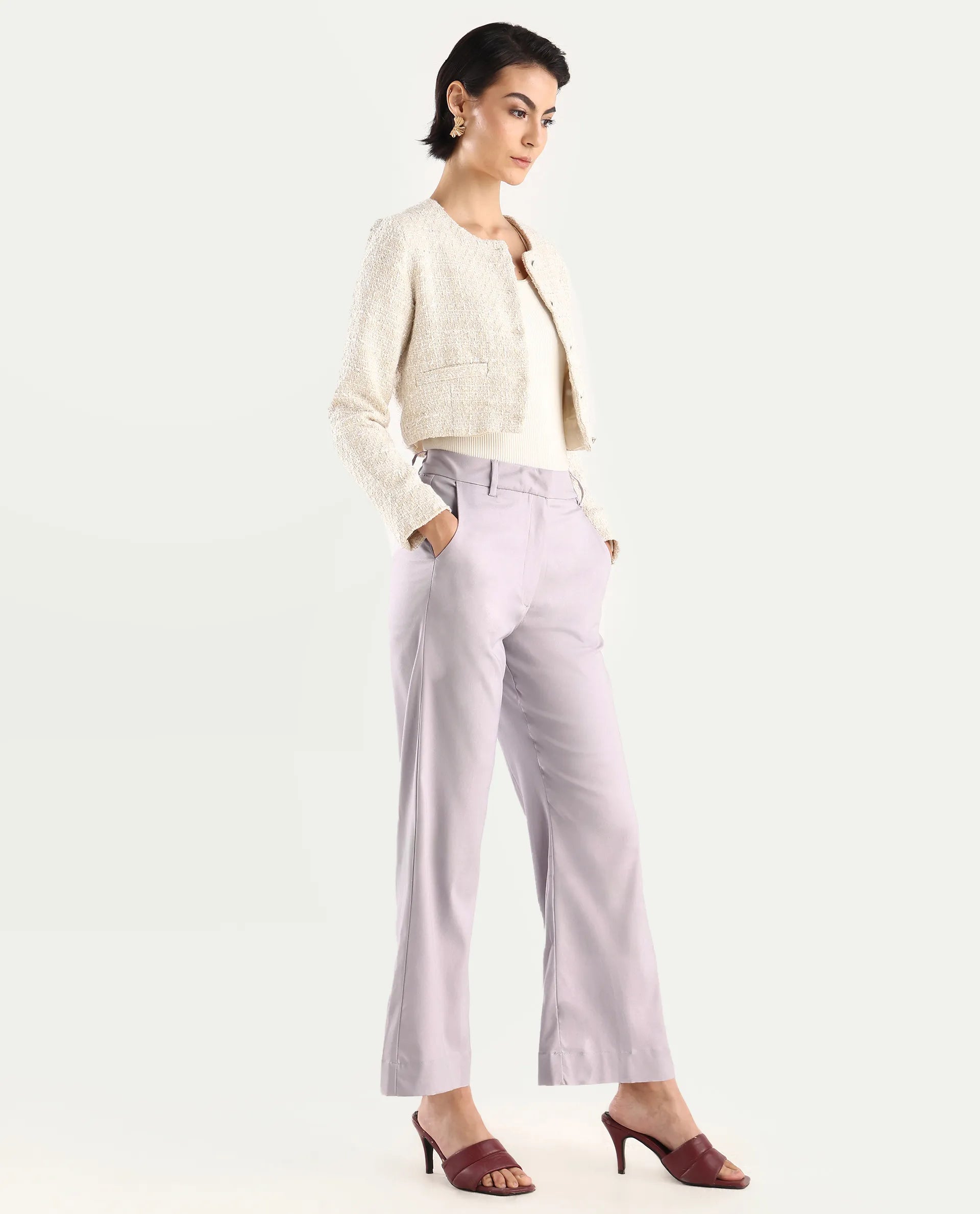 Rareism Women's Selene Purple Cotton Plain Ankle Length Straight Fit Trouser