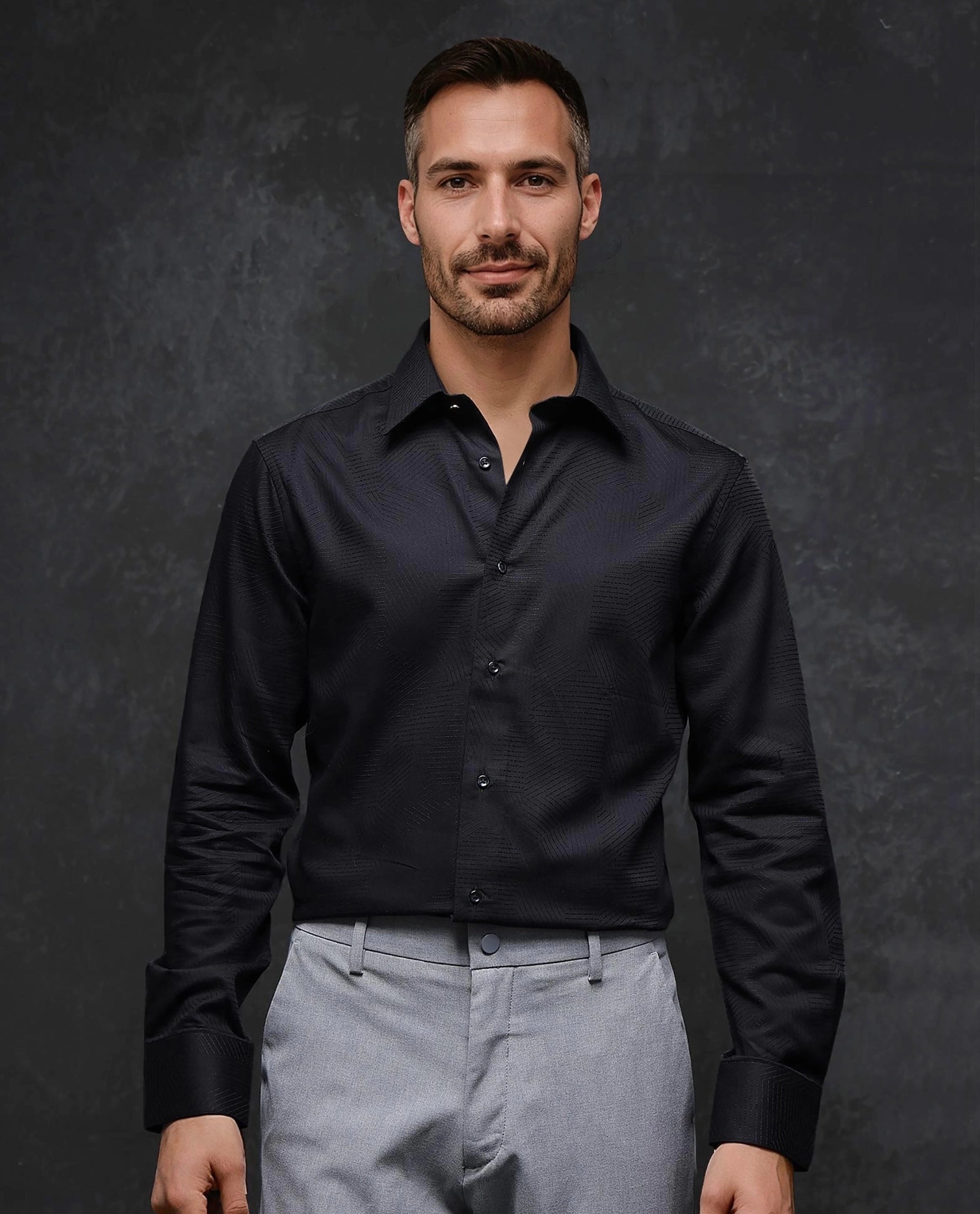 Rare Rabbit Men Selve Black Jacquard Weave Regular Collar Full Sleeve Premium Business Regular Fit Shirt