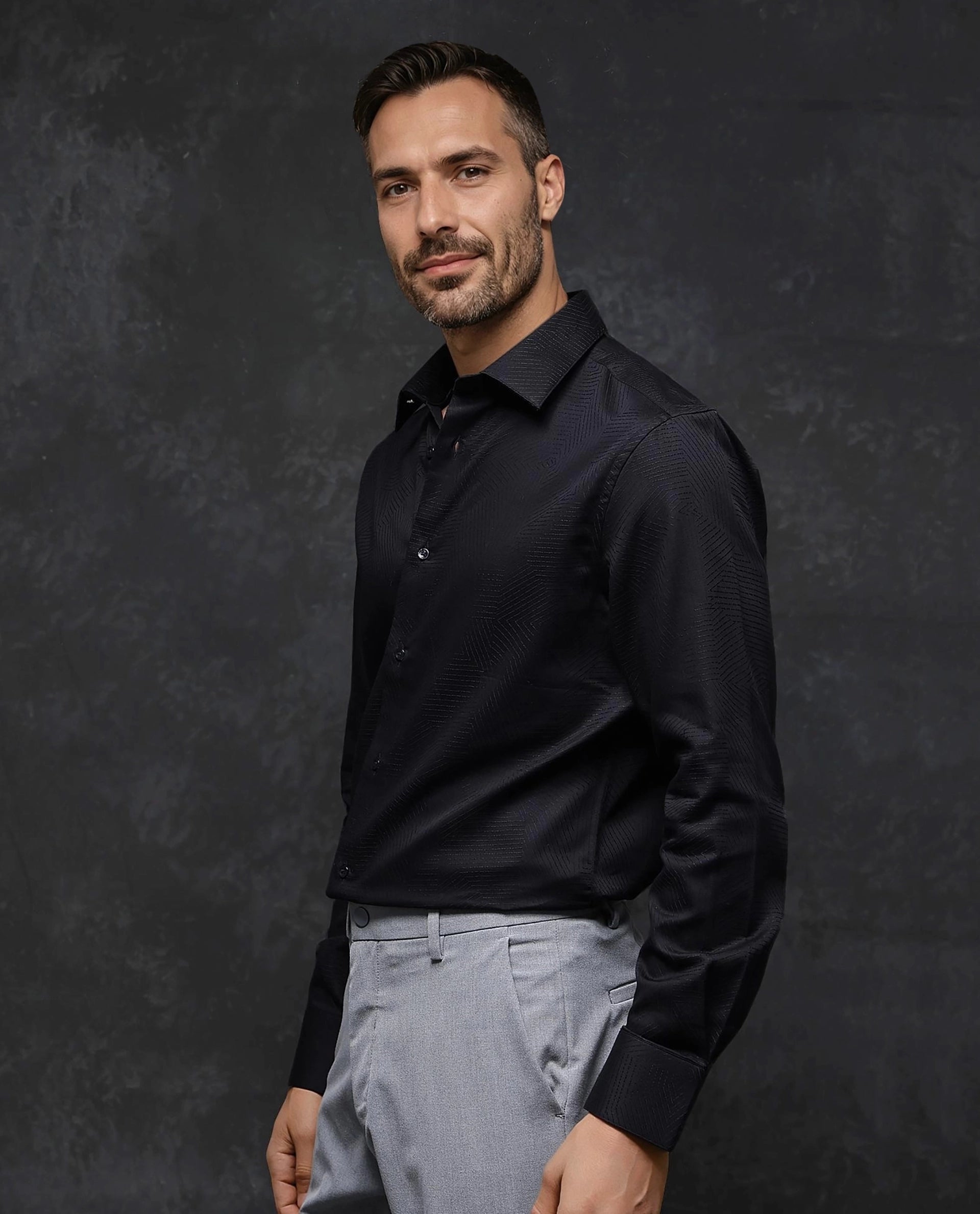 Rare Rabbit Men Selve Black Jacquard Weave Regular Collar Full Sleeve Premium Business Regular Fit Shirt