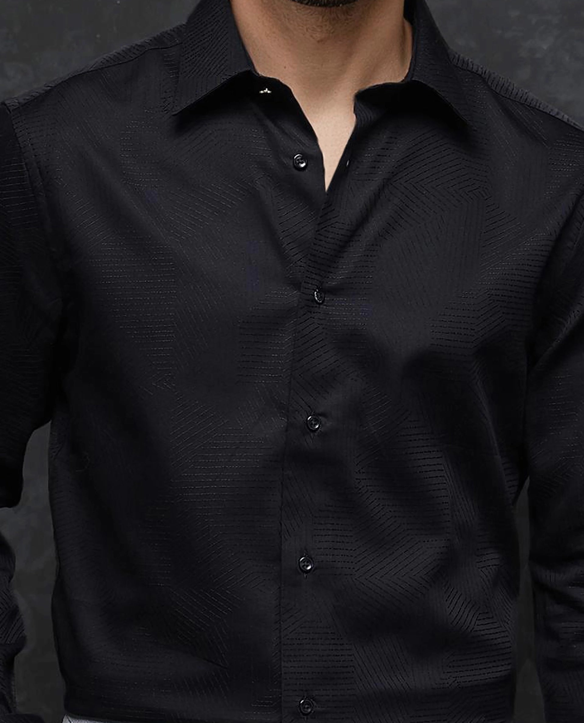 Rare Rabbit Men Selve Black Jacquard Weave Regular Collar Full Sleeve Premium Business Regular Fit Shirt