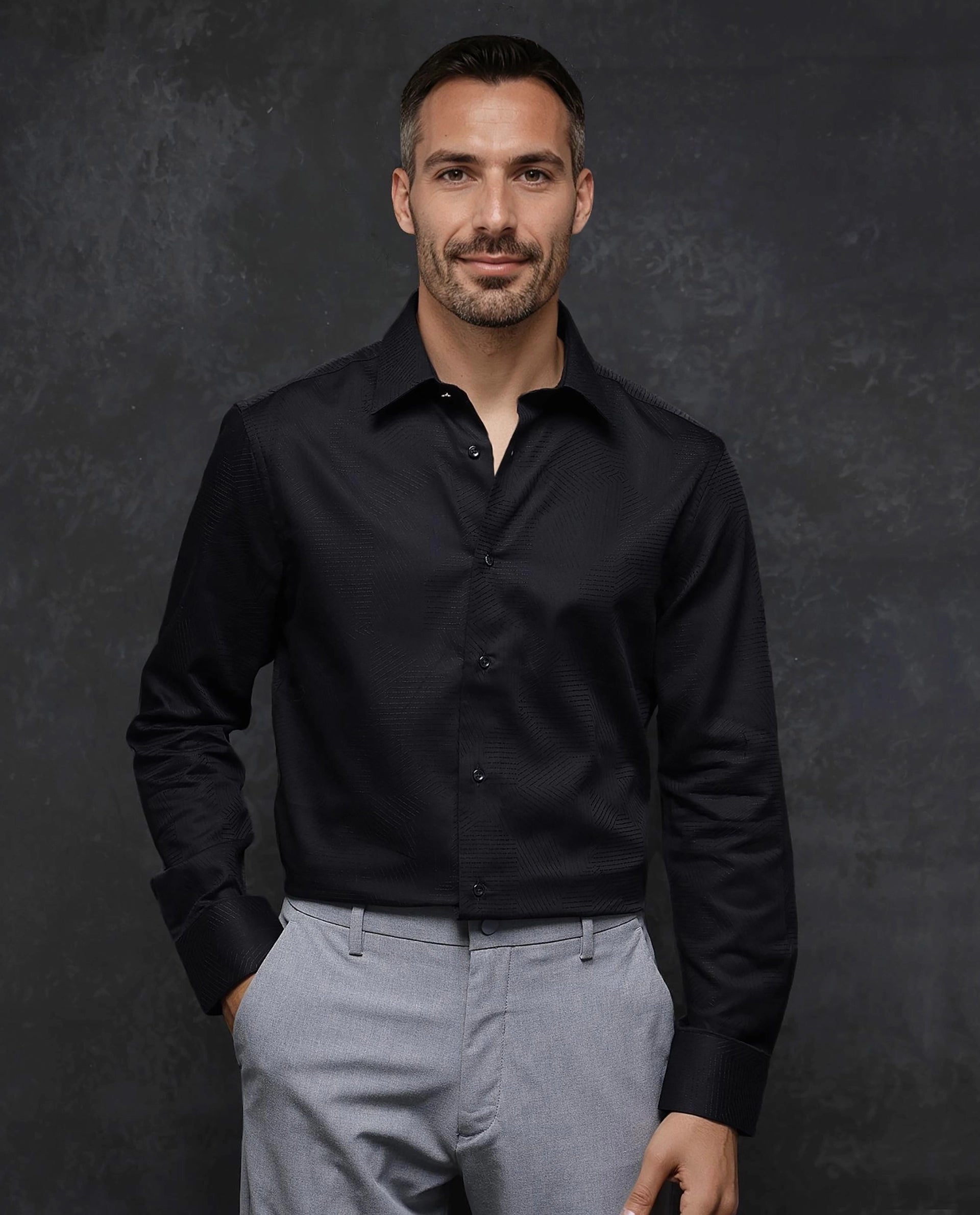 Rare Rabbit Men Selve Black Jacquard Weave Regular Collar Full Sleeve Premium Business Regular Fit Shirt