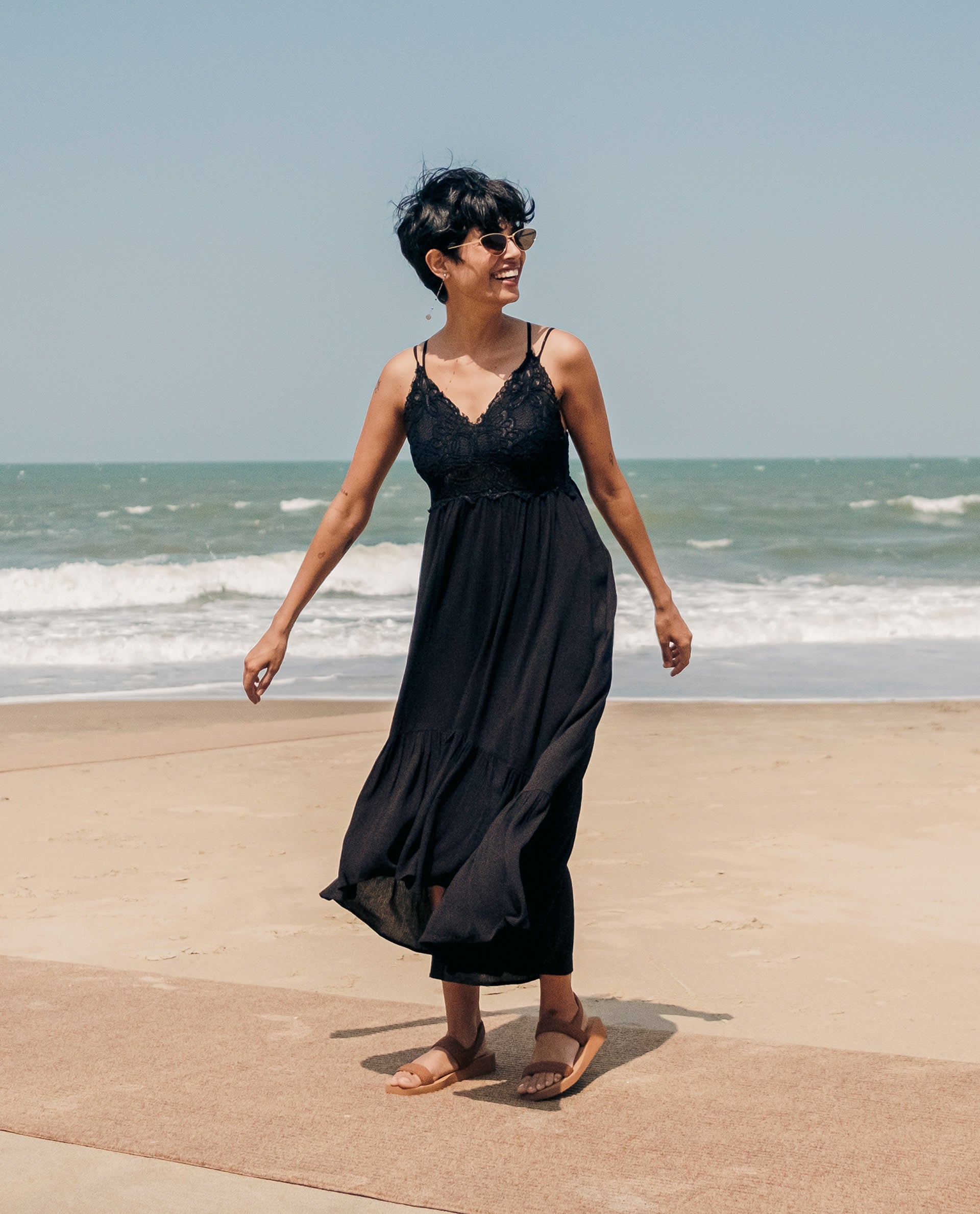 Rareism Women's Semolina Black  Shoulder Straps Slip-On Closure Sleeveless Plain Fit And Flare Maxi Dress