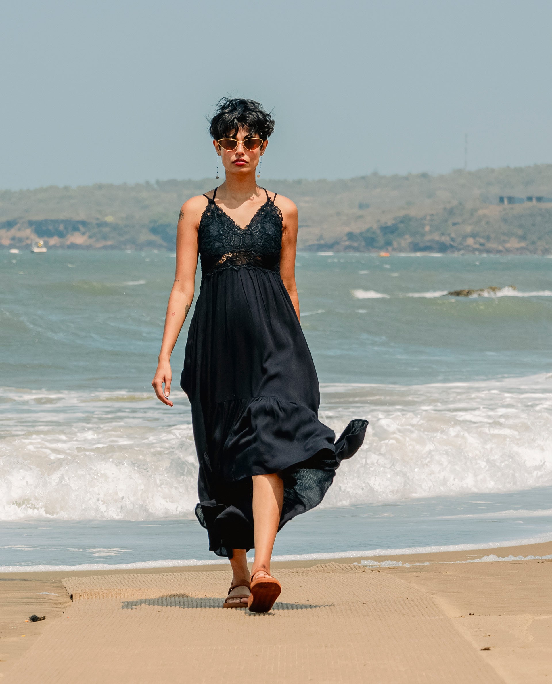 Rareism Women's Semolina Black  Shoulder Straps Slip-On Closure Sleeveless Plain Fit And Flare Maxi Dress