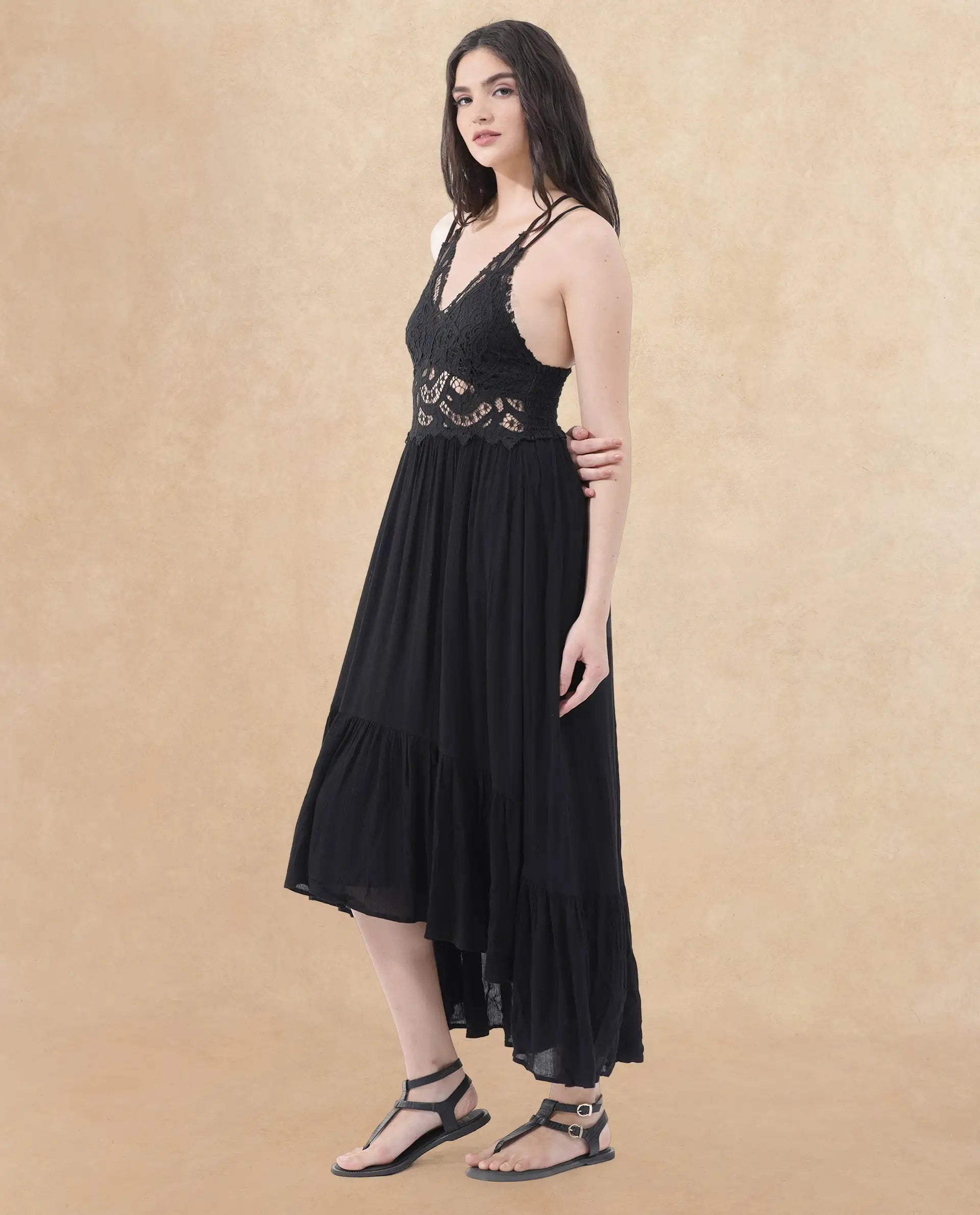 Rareism Women's Semolina Black  Shoulder Straps Slip-On Closure Sleeveless Plain Fit And Flare Maxi Dress