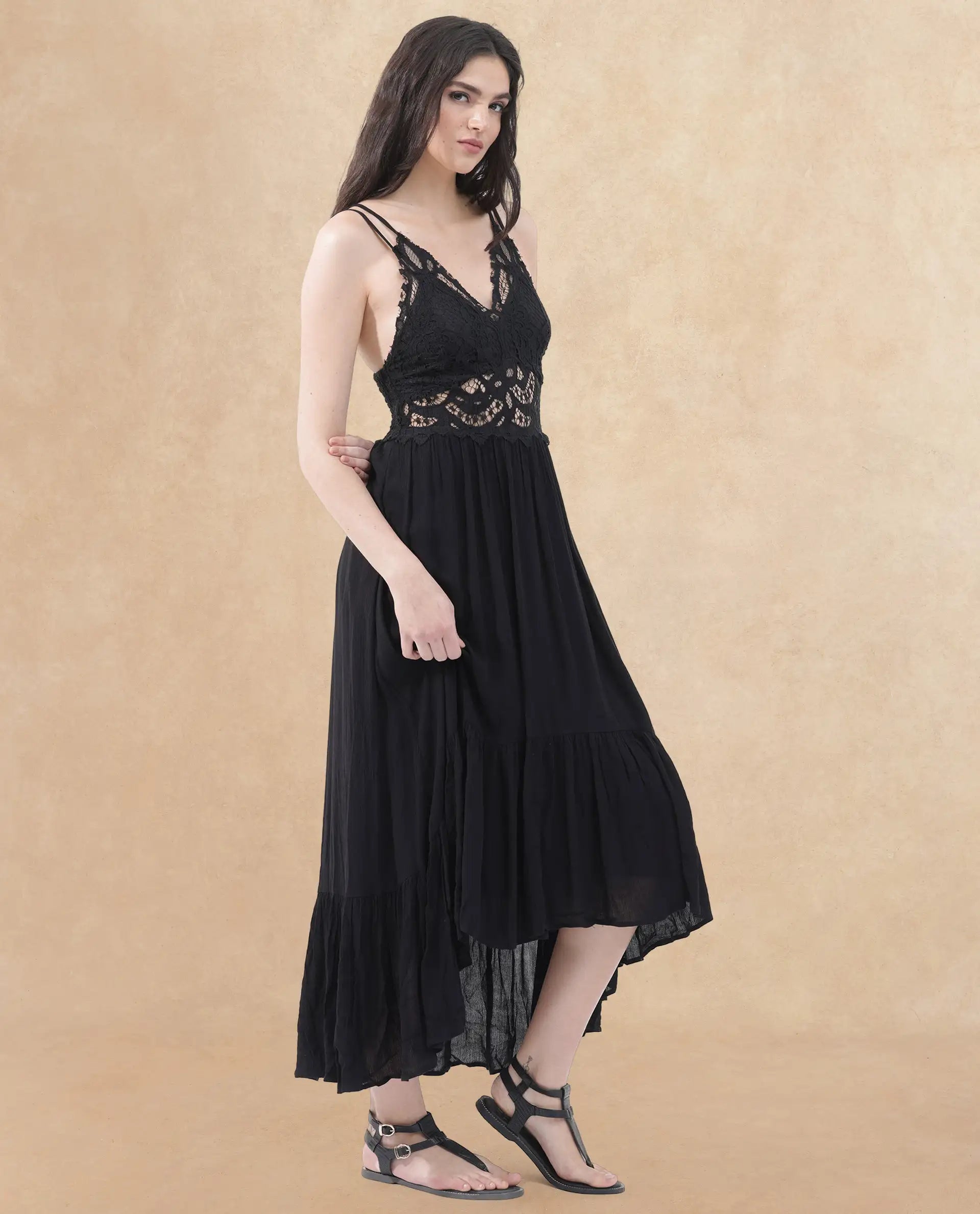 Rareism Women's Semolina Black  Shoulder Straps Slip-On Closure Sleeveless Plain Fit And Flare Maxi Dress