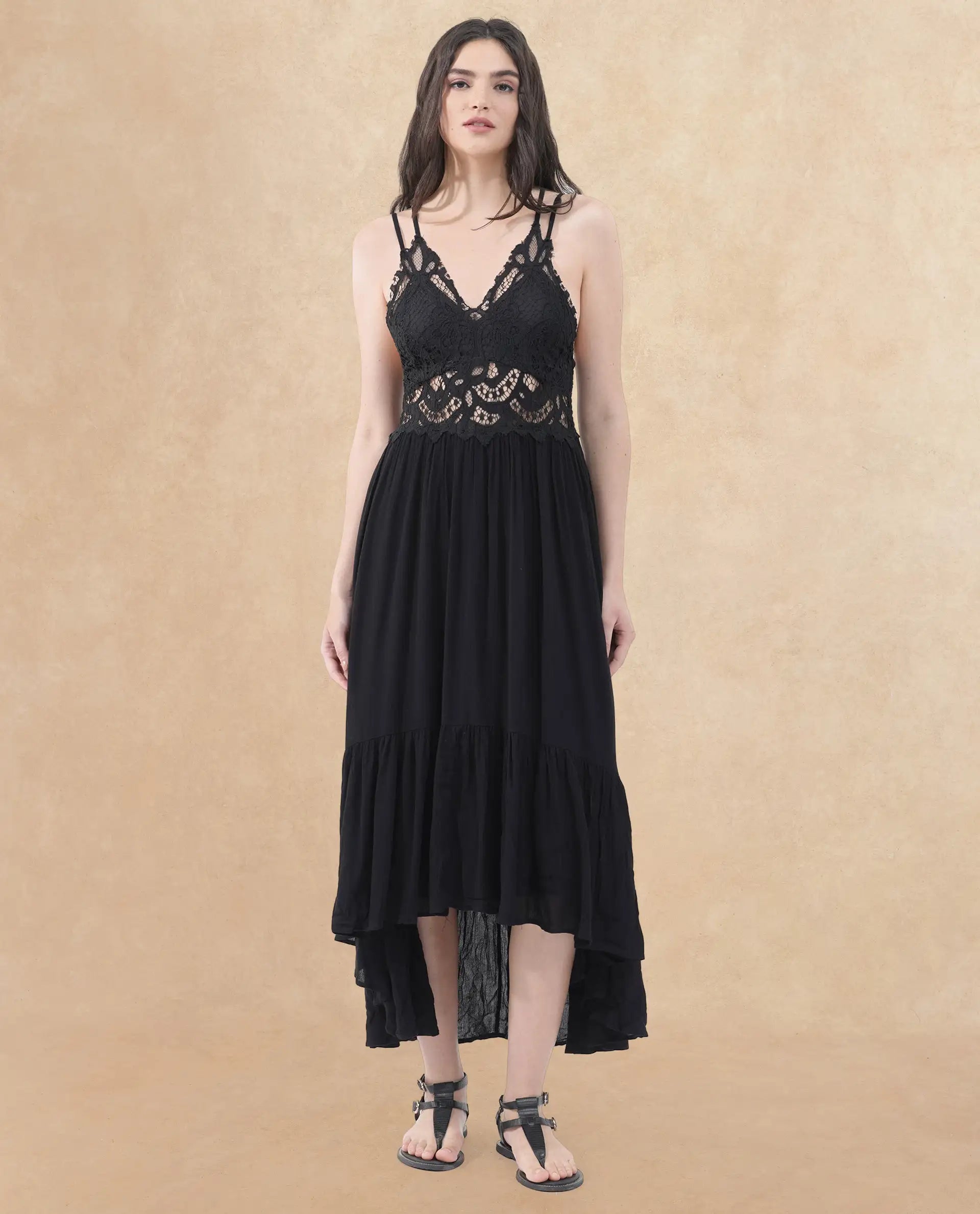 Rareism Women's Semolina Black  Shoulder Straps Slip-On Closure Sleeveless Plain Fit And Flare Maxi Dress