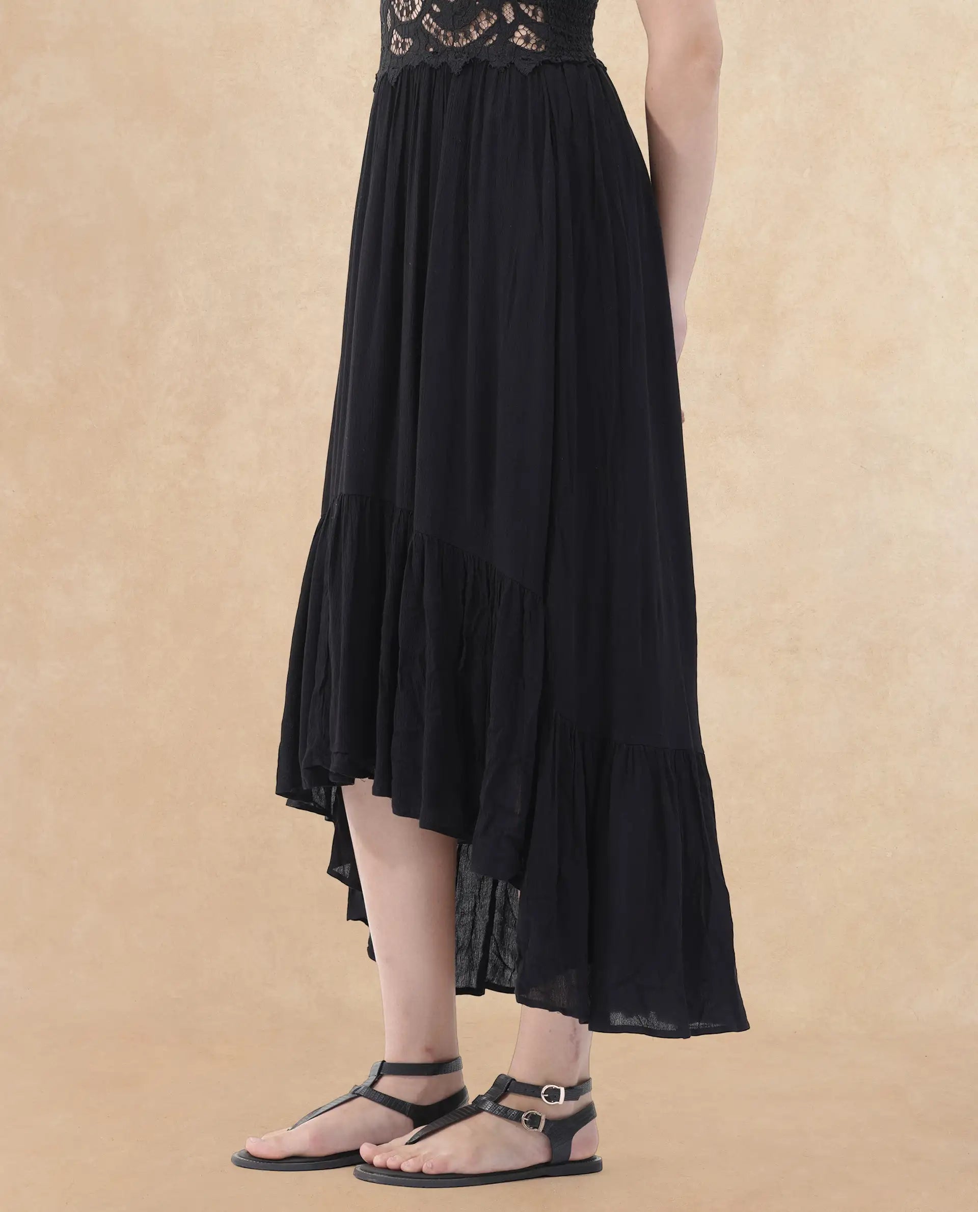 Rareism Women's Semolina Black  Shoulder Straps Slip-On Closure Sleeveless Plain Fit And Flare Maxi Dress