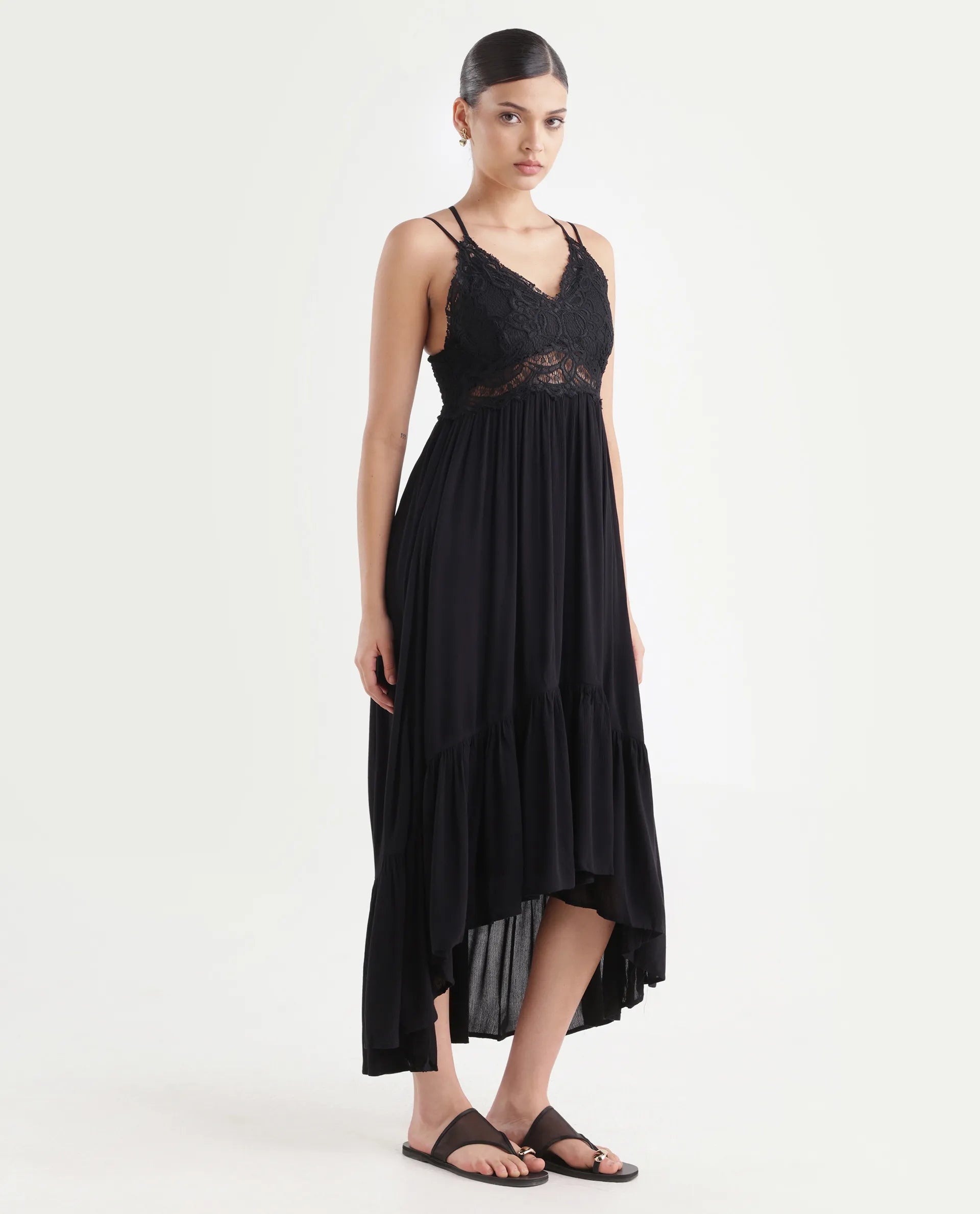 Rareism Women's Semolina Black Shoulder Strap Plain Shoulder Strap Maxi Fit And Flare Dress