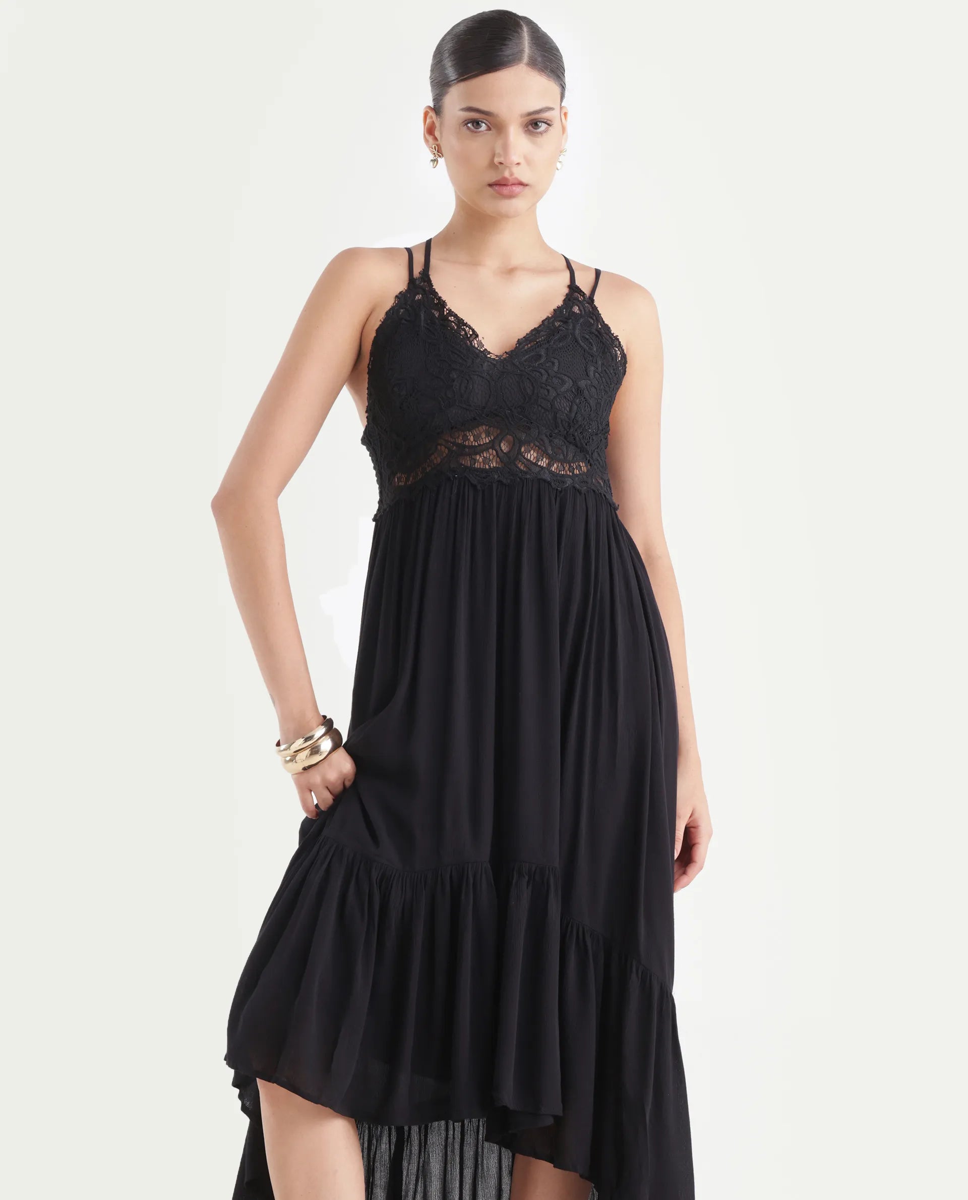 Rareism Women's Semolina Black Shoulder Strap Plain Shoulder Strap Maxi Fit And Flare Dress