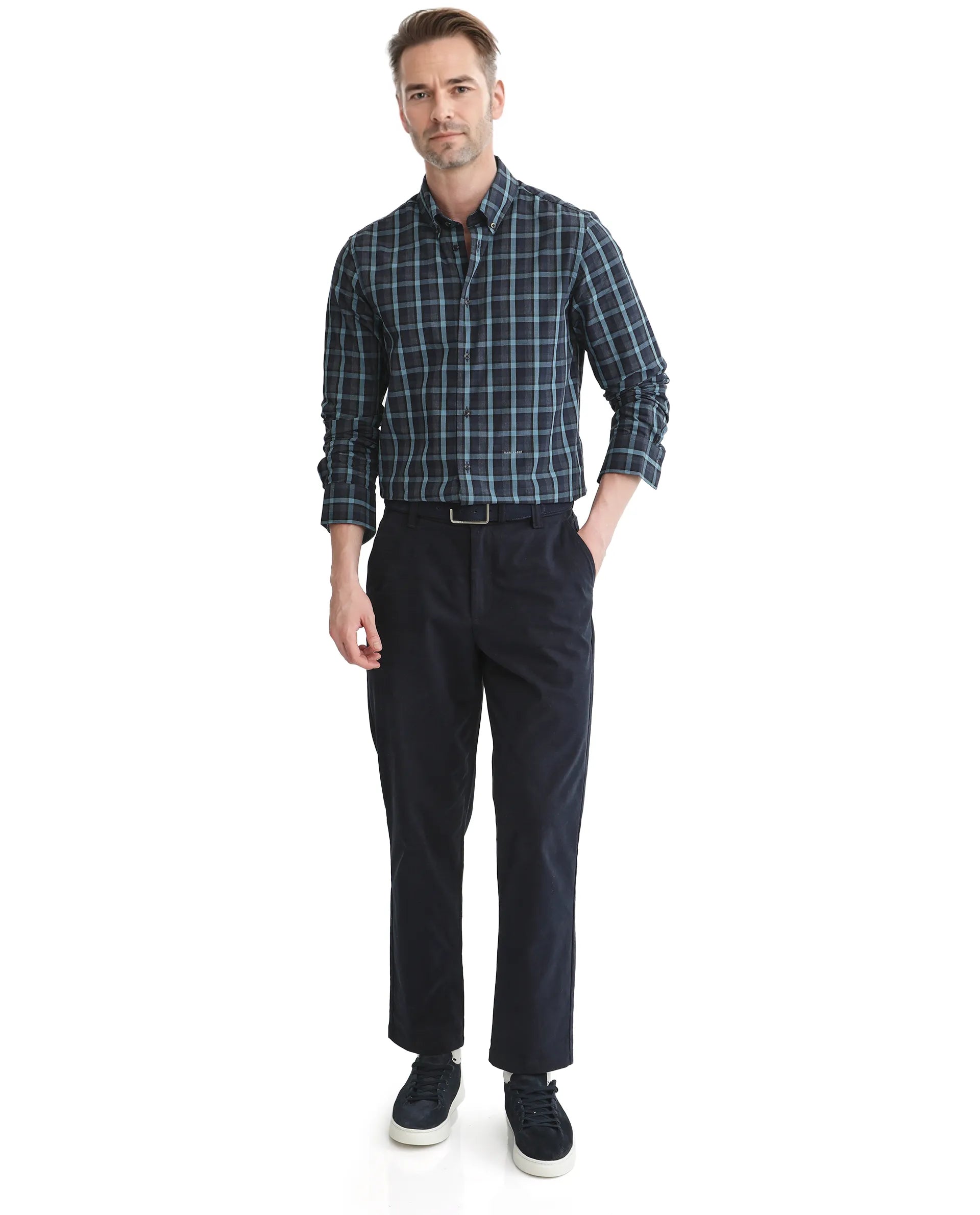 Rare Rabbit Men's Senf Navy Cotton Fabric Full Sleeve Collared Neck Checks Shirt