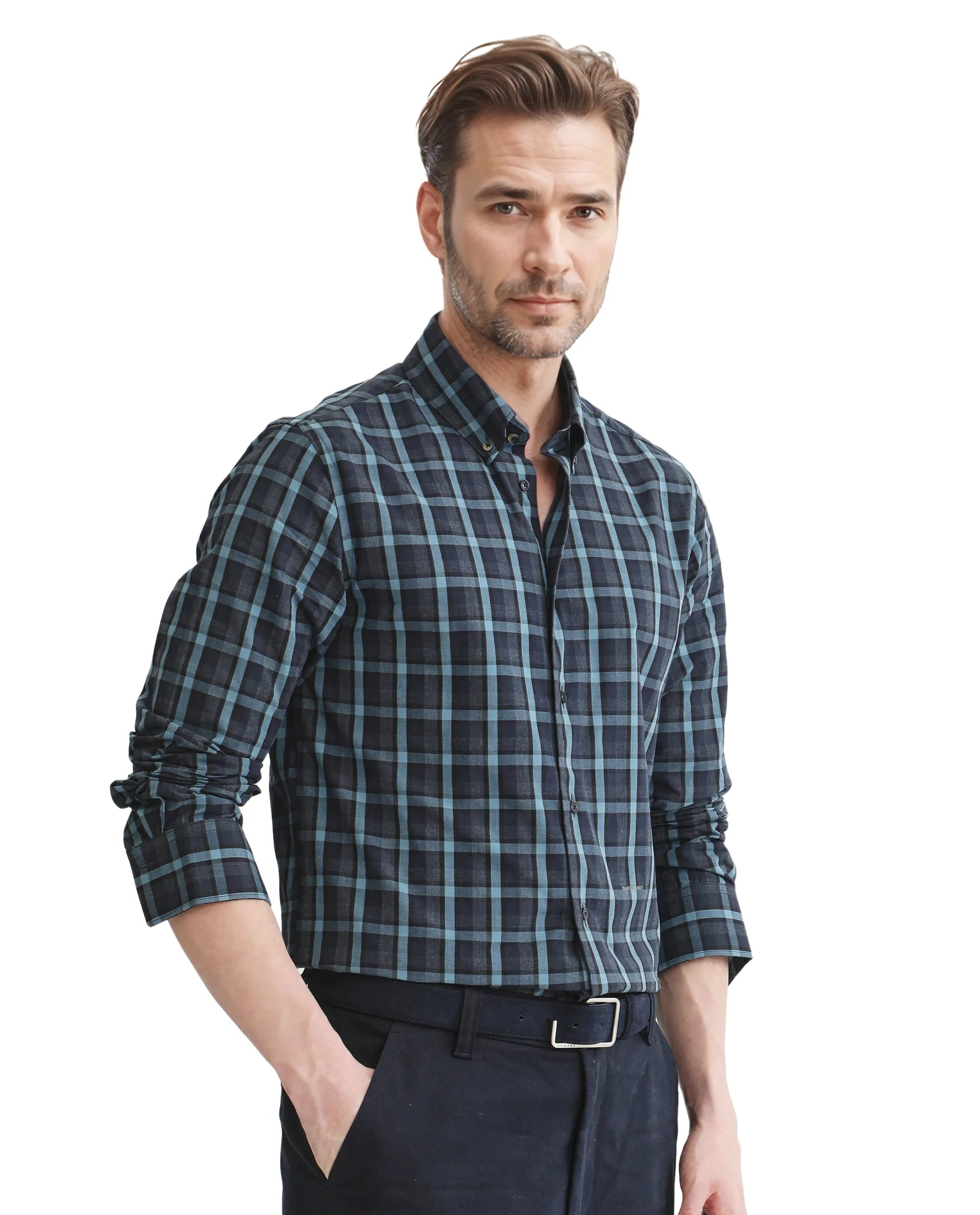 Rare Rabbit Men's Senf Navy Cotton Fabric Full Sleeve Collared Neck Checks Shirt