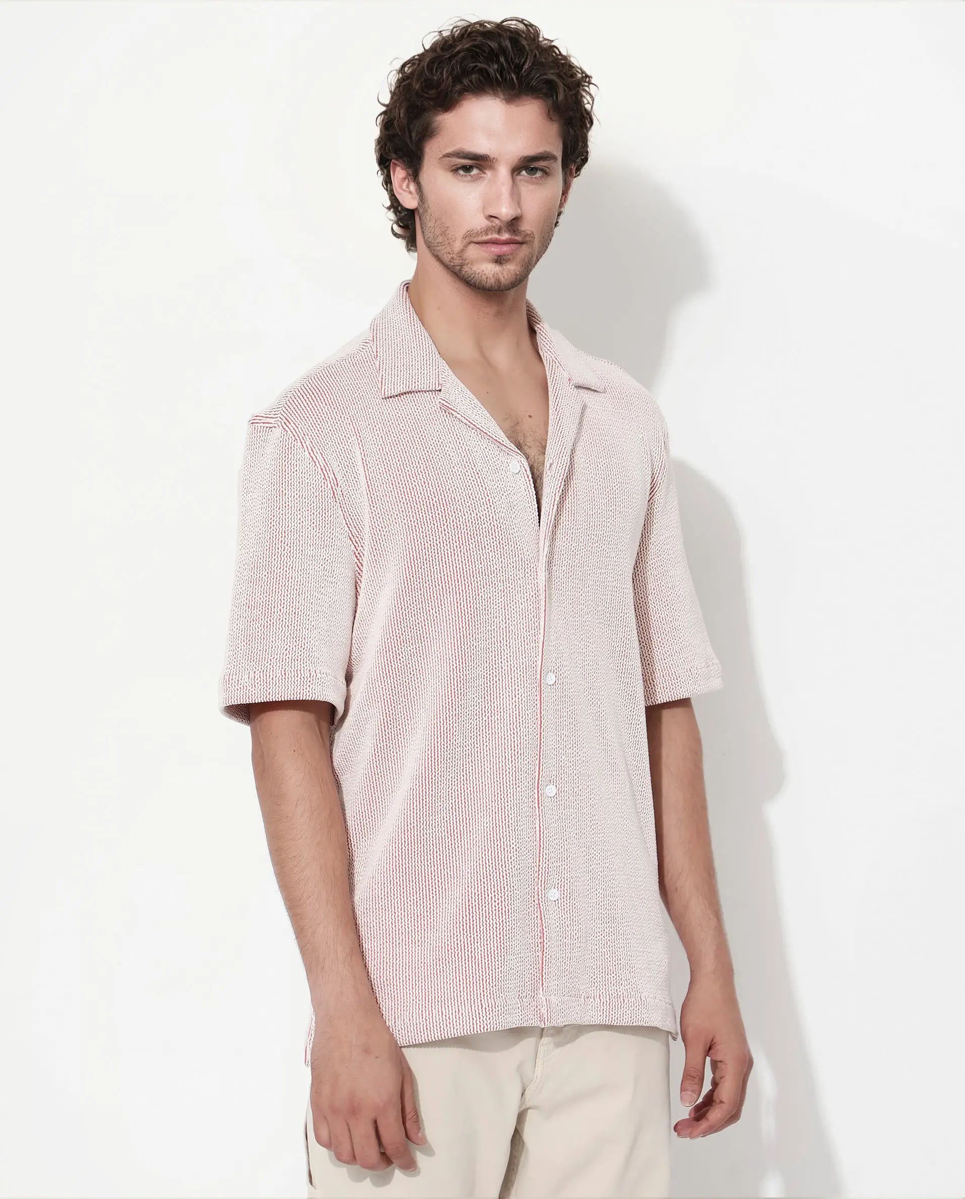 Rare Rabbit Men's Zavet-S Rust Cotton Striped Print Boxy Fit Half Sleeve Cuban Collar Shirt