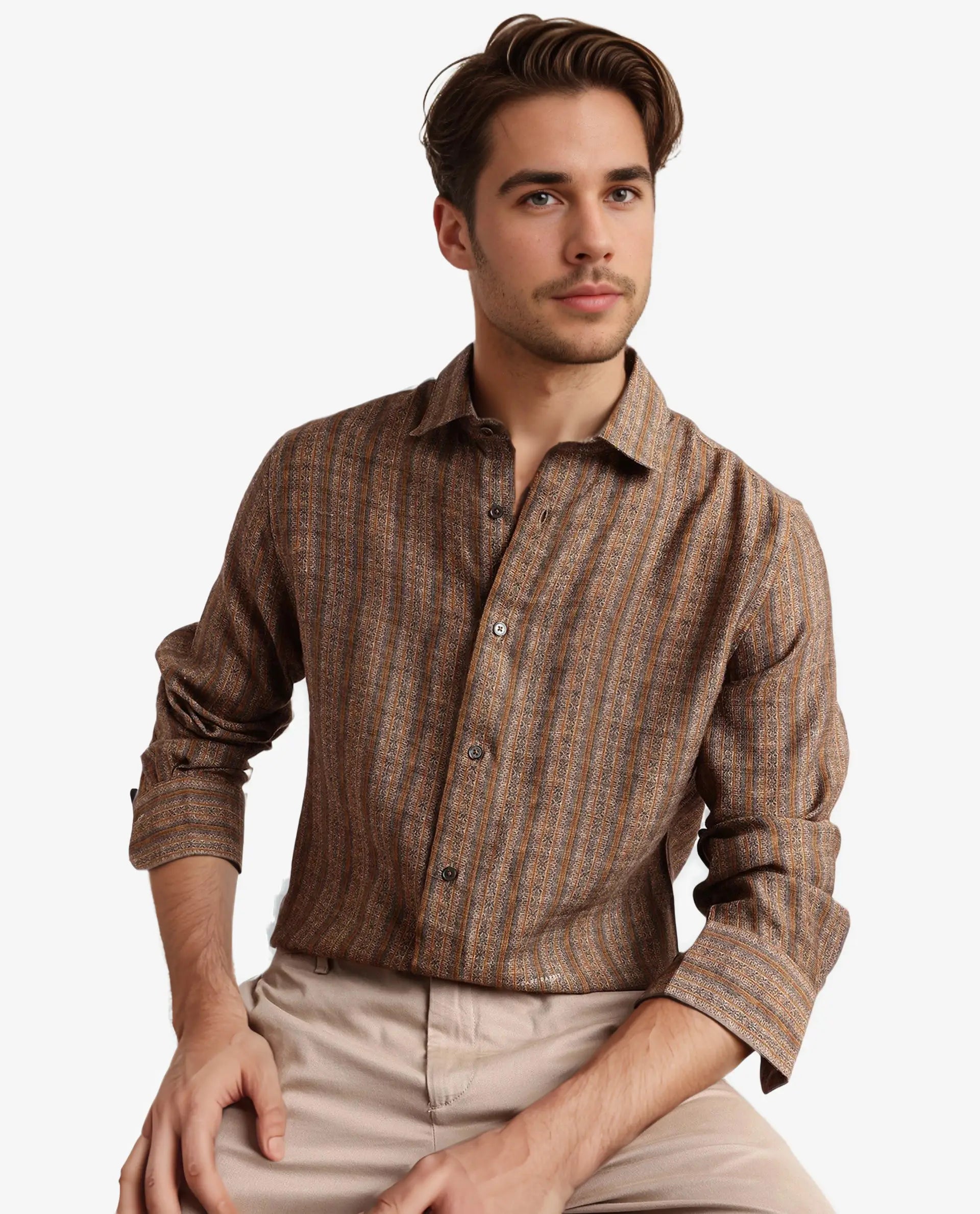 Rare Rabbit Men's Artico Mustard Cotton Blend Decorative Print Regular Fit Full Sleeve Collared Shirt