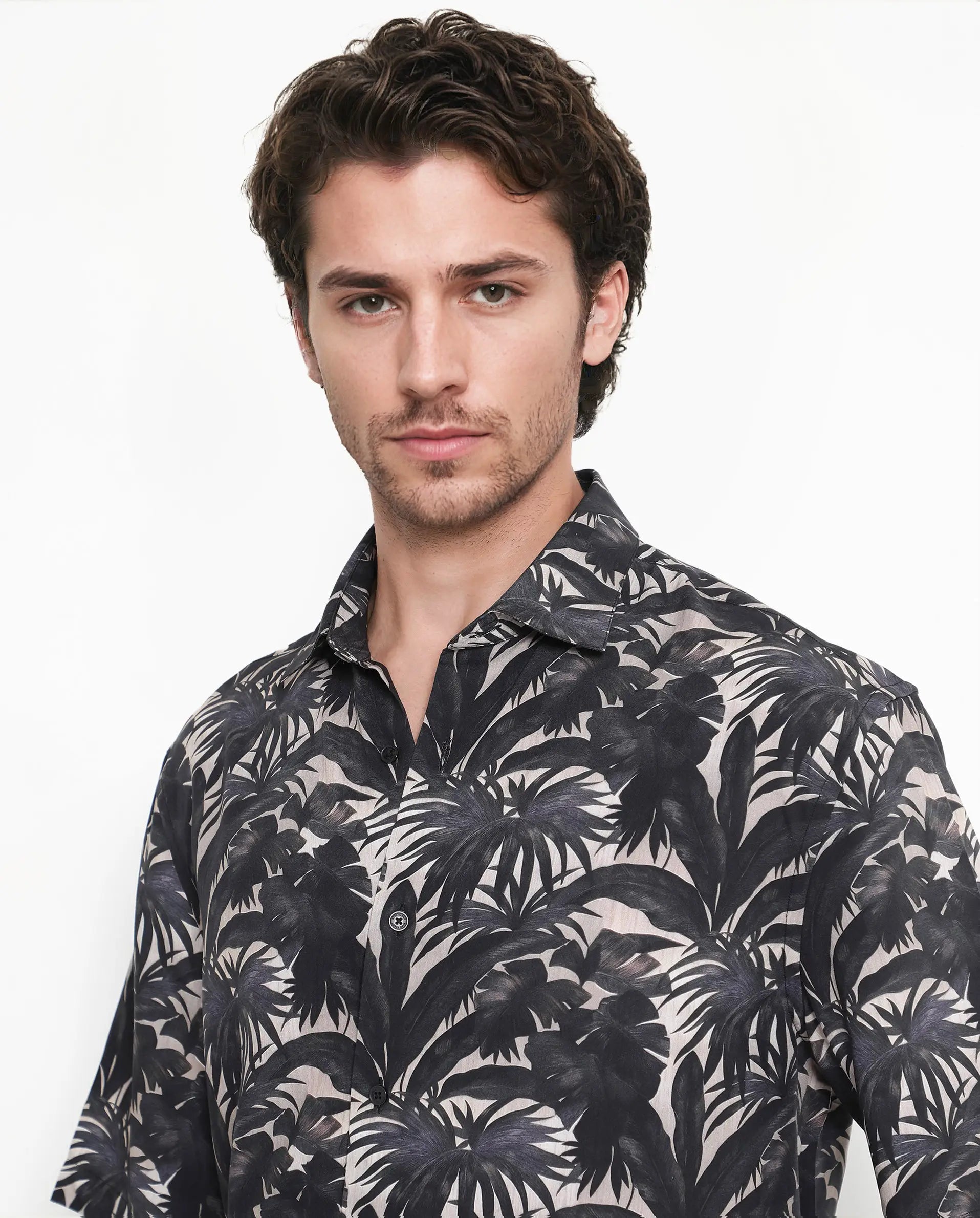 Rare Rabbit Men's Sabel Black Viscose Tropical Print Boxy Fit Half Sleeve Collared Shirt