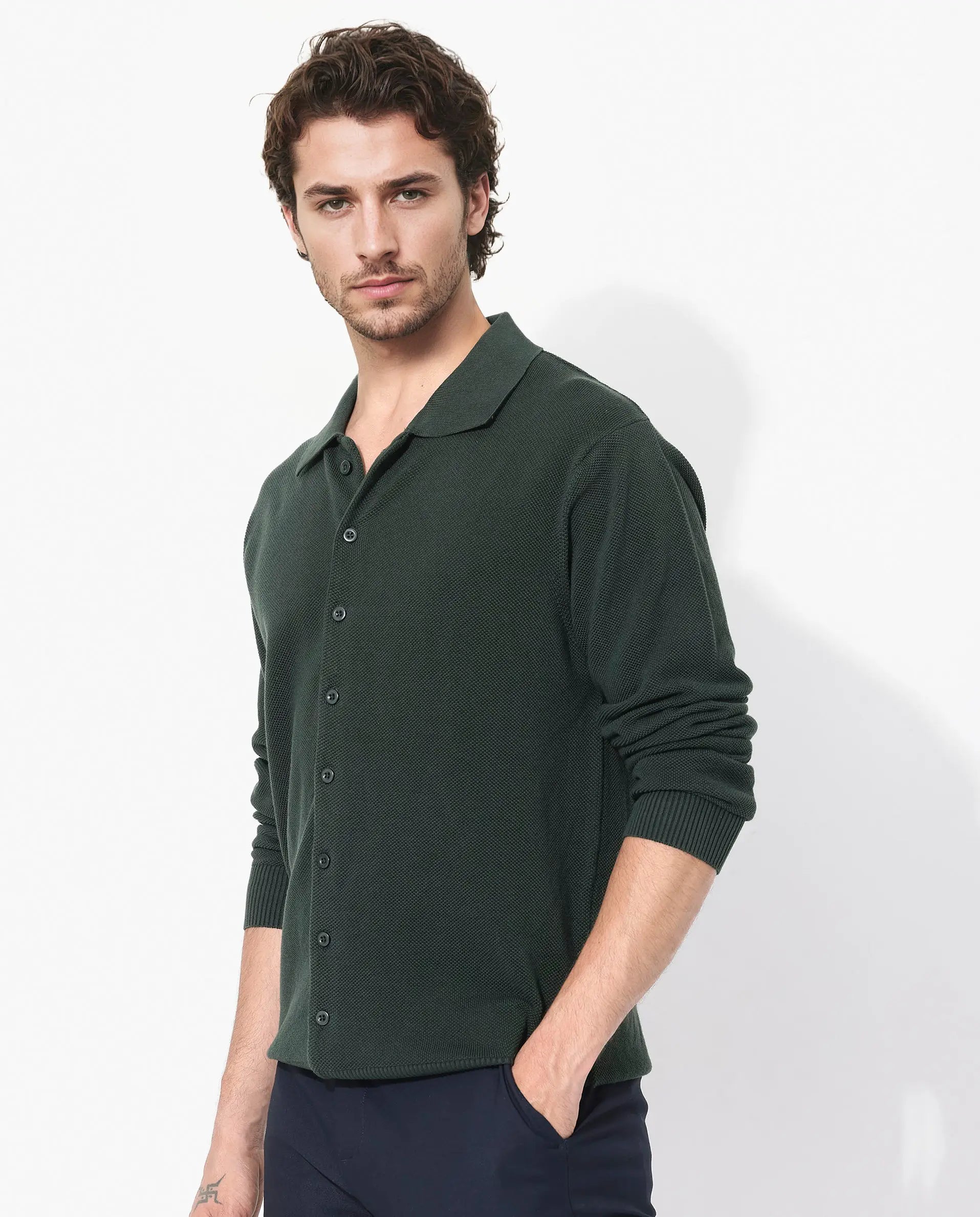 Rare Rabbit Men's Alias-N Dark Green Cotton Plain Regular Fit Full Sleeve Collared Shirt