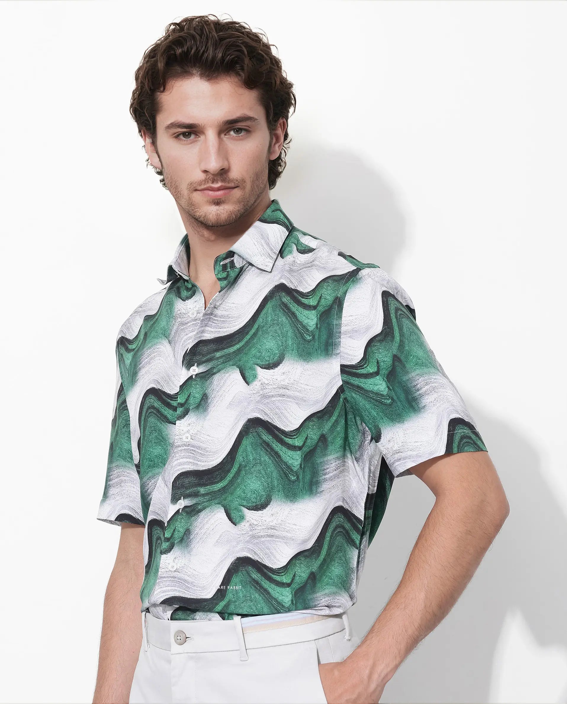 Rare Rabbit Men's Tijon Dark Green Viscose Abstract Print Regular Fit Half Sleeve Collared Shirt