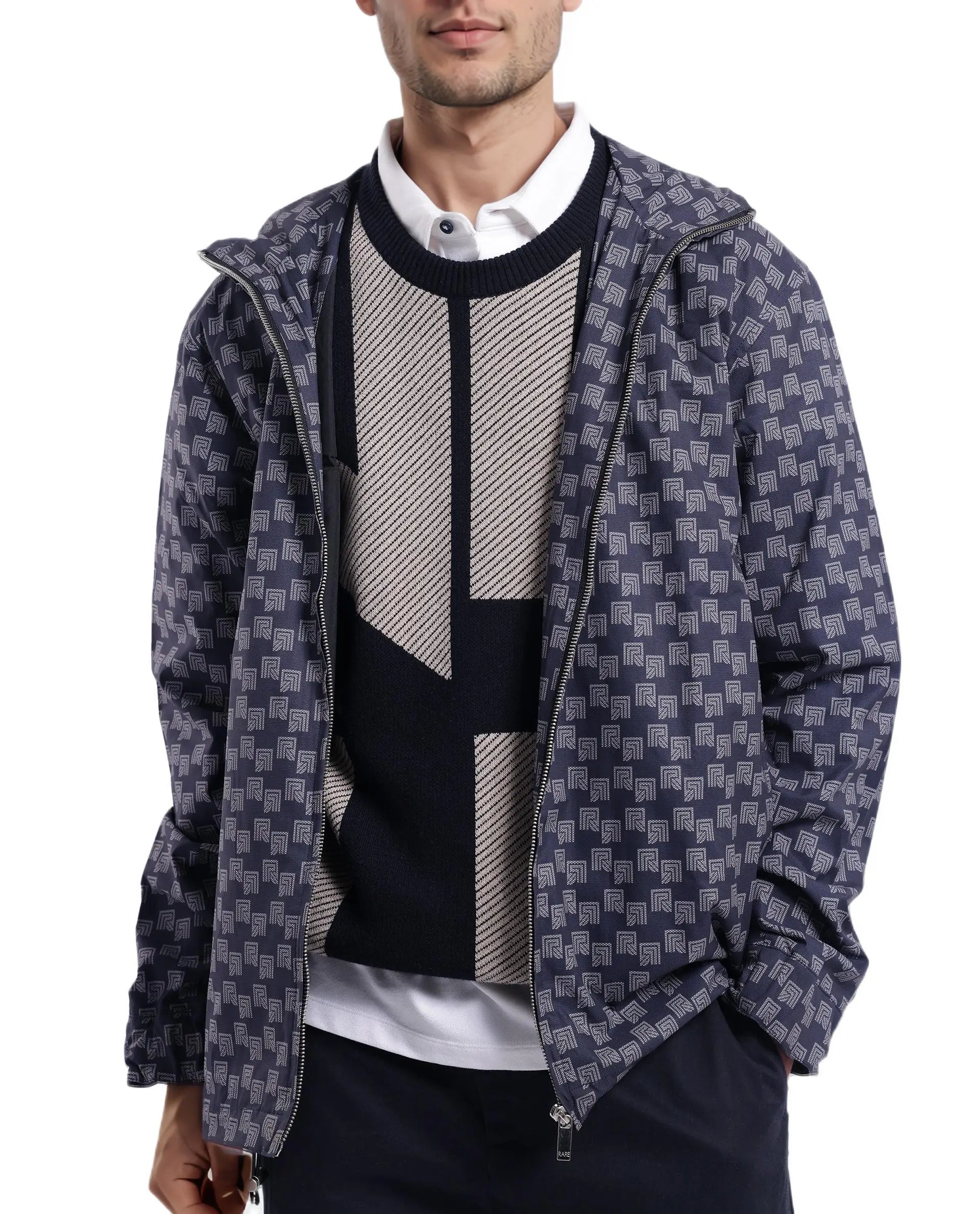 Rare Rabbit Men's Sappon Navy Polyester Monogram Print Boxy Fit Full Sleeve High Neck Jacket
