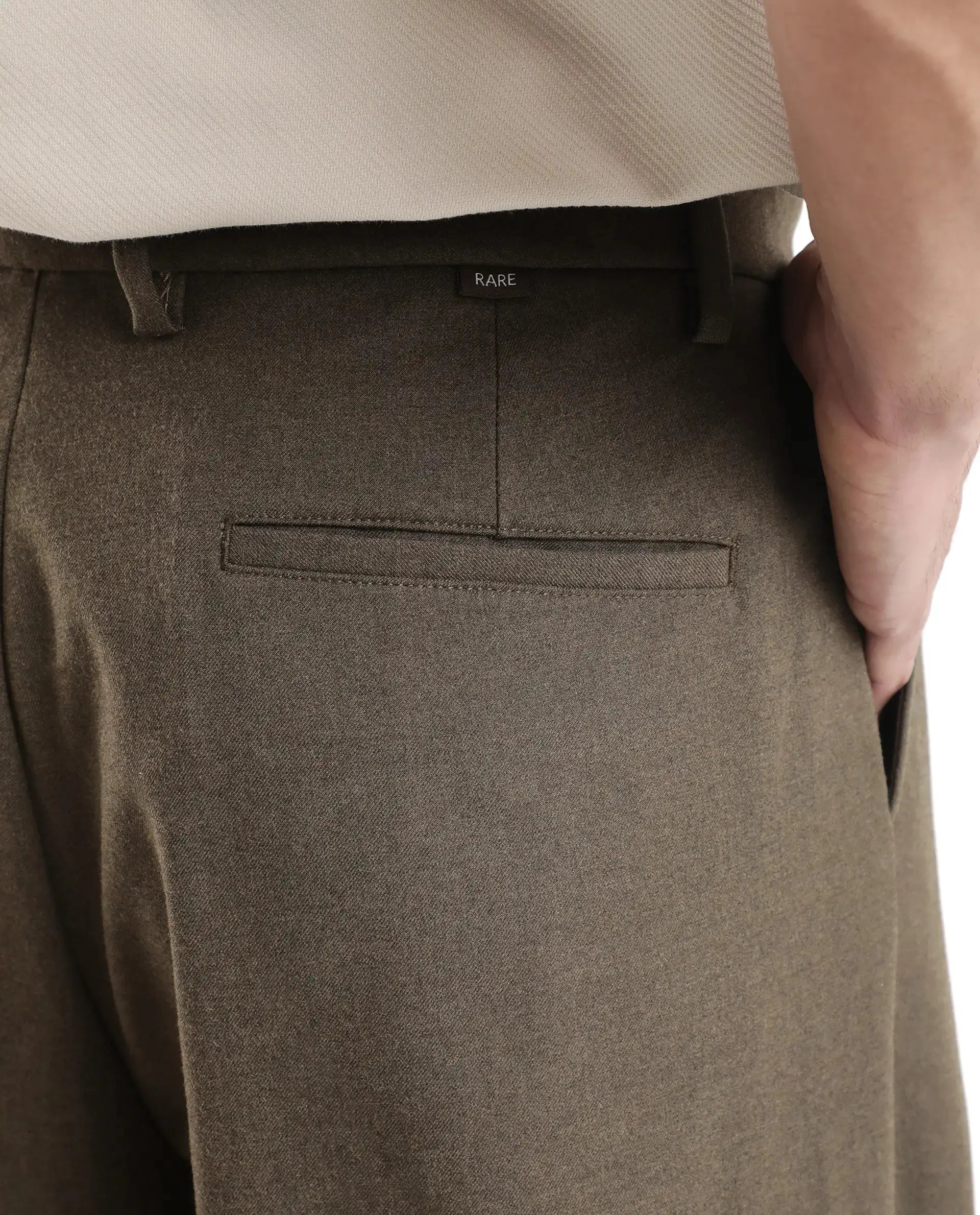 Rare Rabbit Men's Brelint Brown Cotton Blend Plain Relaxed Fit Trouser