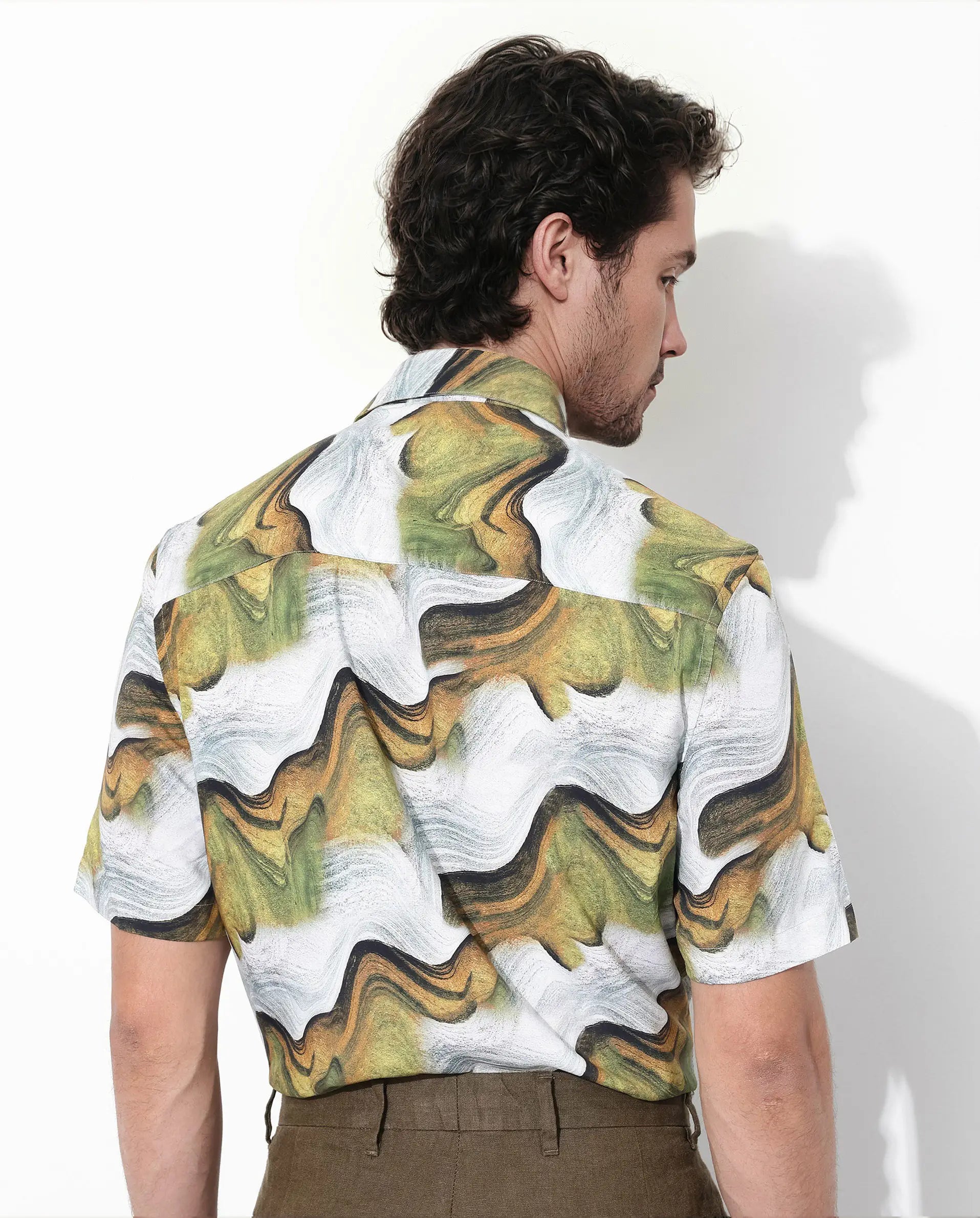 Rare Rabbit Men's Tijon Olive Viscose Abstract Print Regular Fit Half Sleeve Collared Shirt