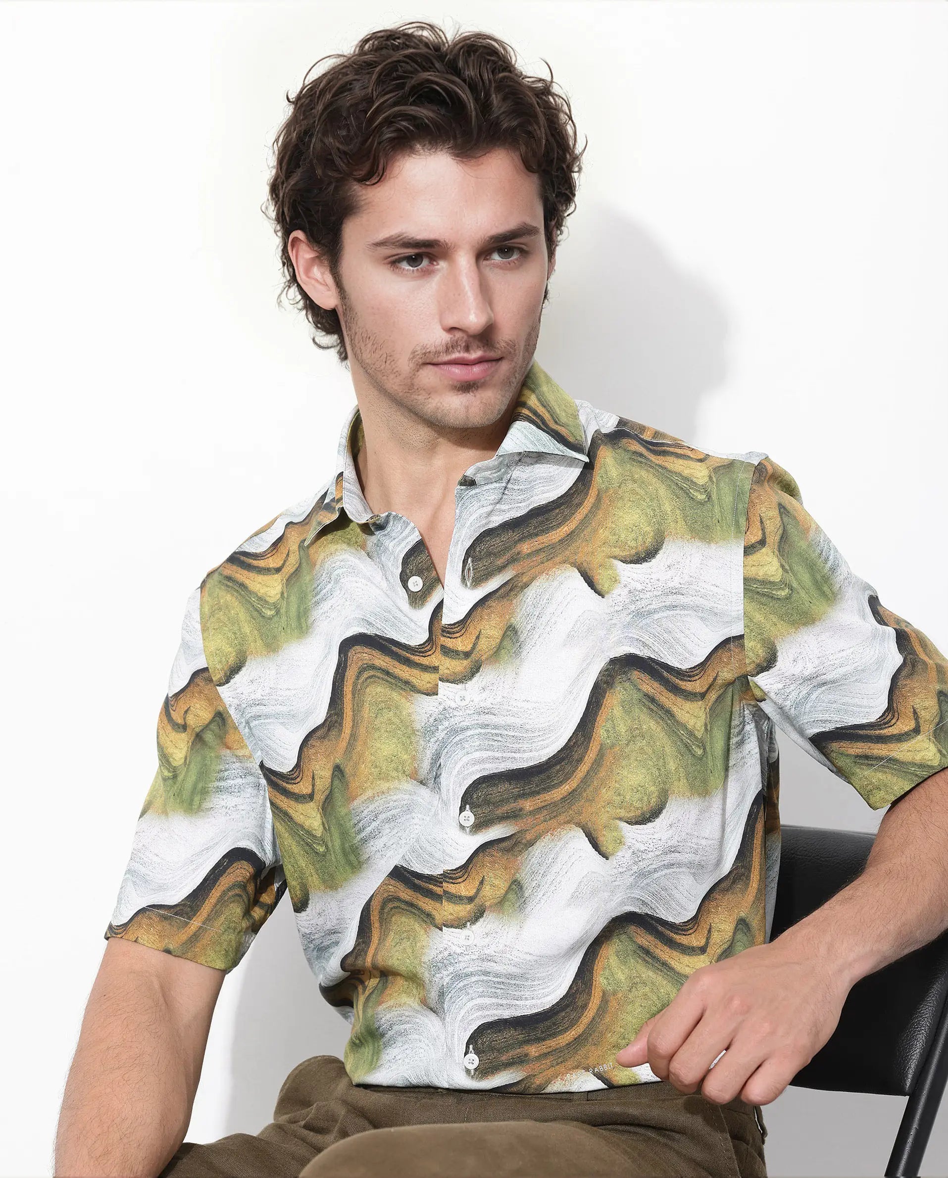 Rare Rabbit Men's Tijon Olive Viscose Abstract Print Regular Fit Half Sleeve Collared Shirt