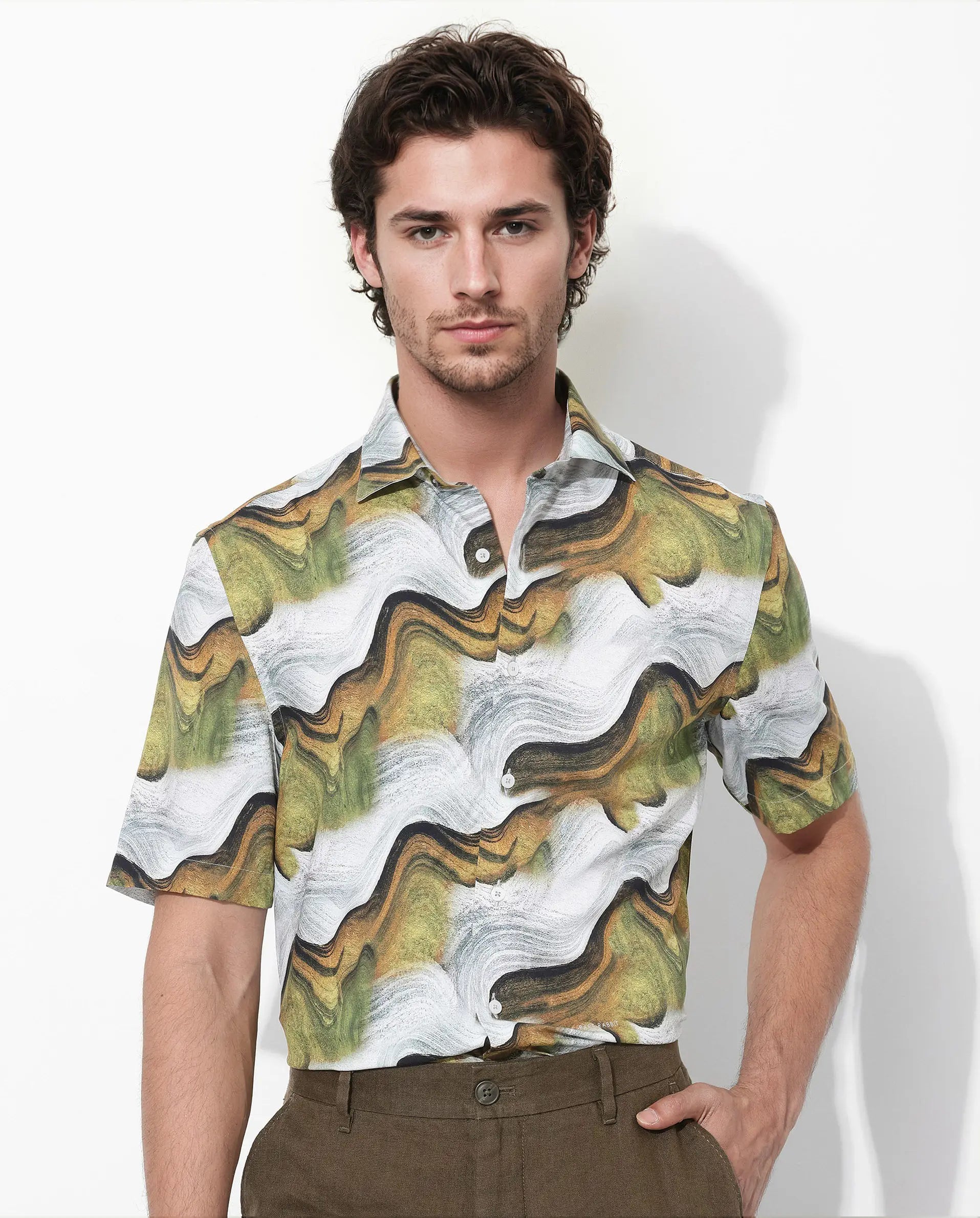Rare Rabbit Men's Tijon Olive Viscose Abstract Print Regular Fit Half Sleeve Collared Shirt