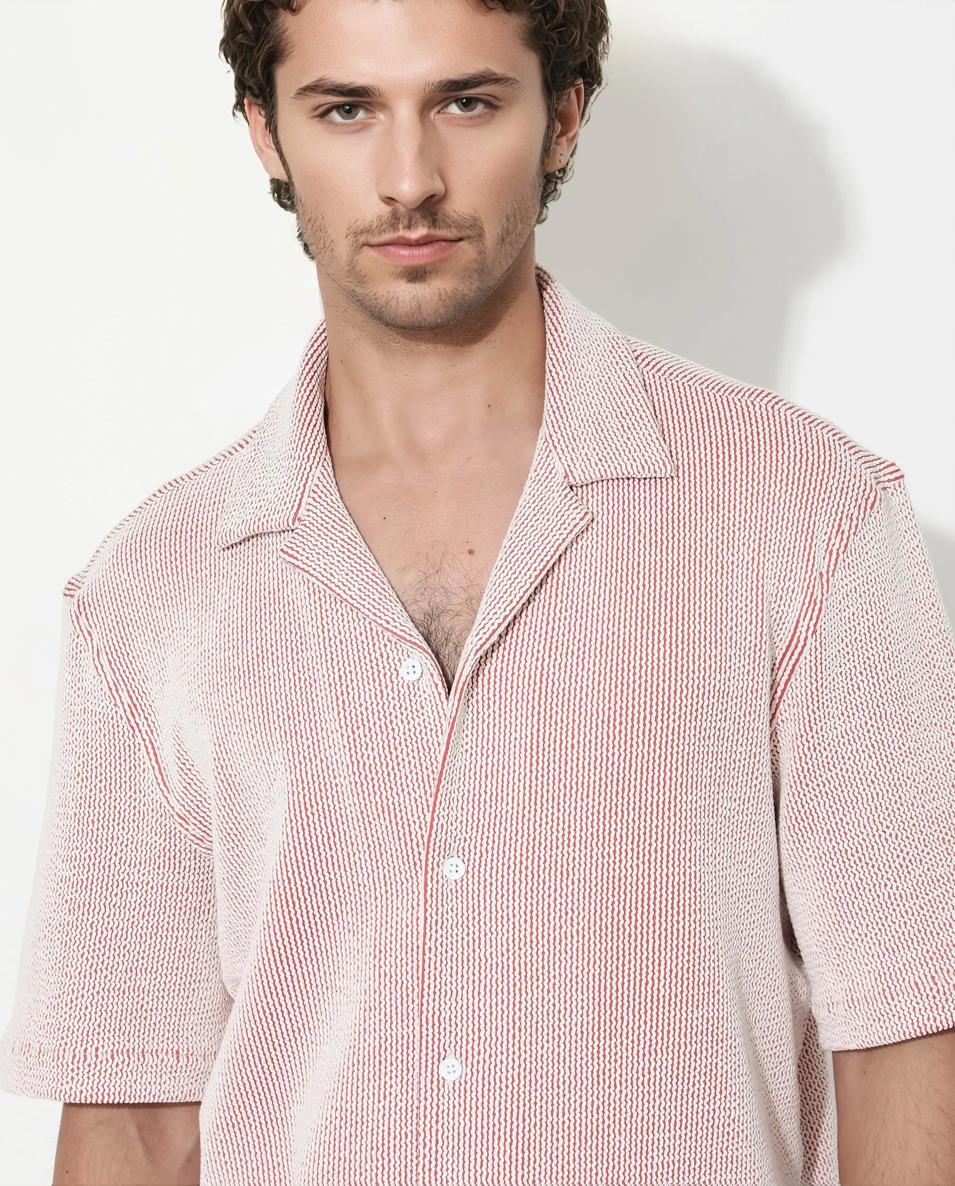 Rare Rabbit Men's Zavet-S Rust Cotton Striped Print Boxy Fit Half Sleeve Cuban Collar Shirt